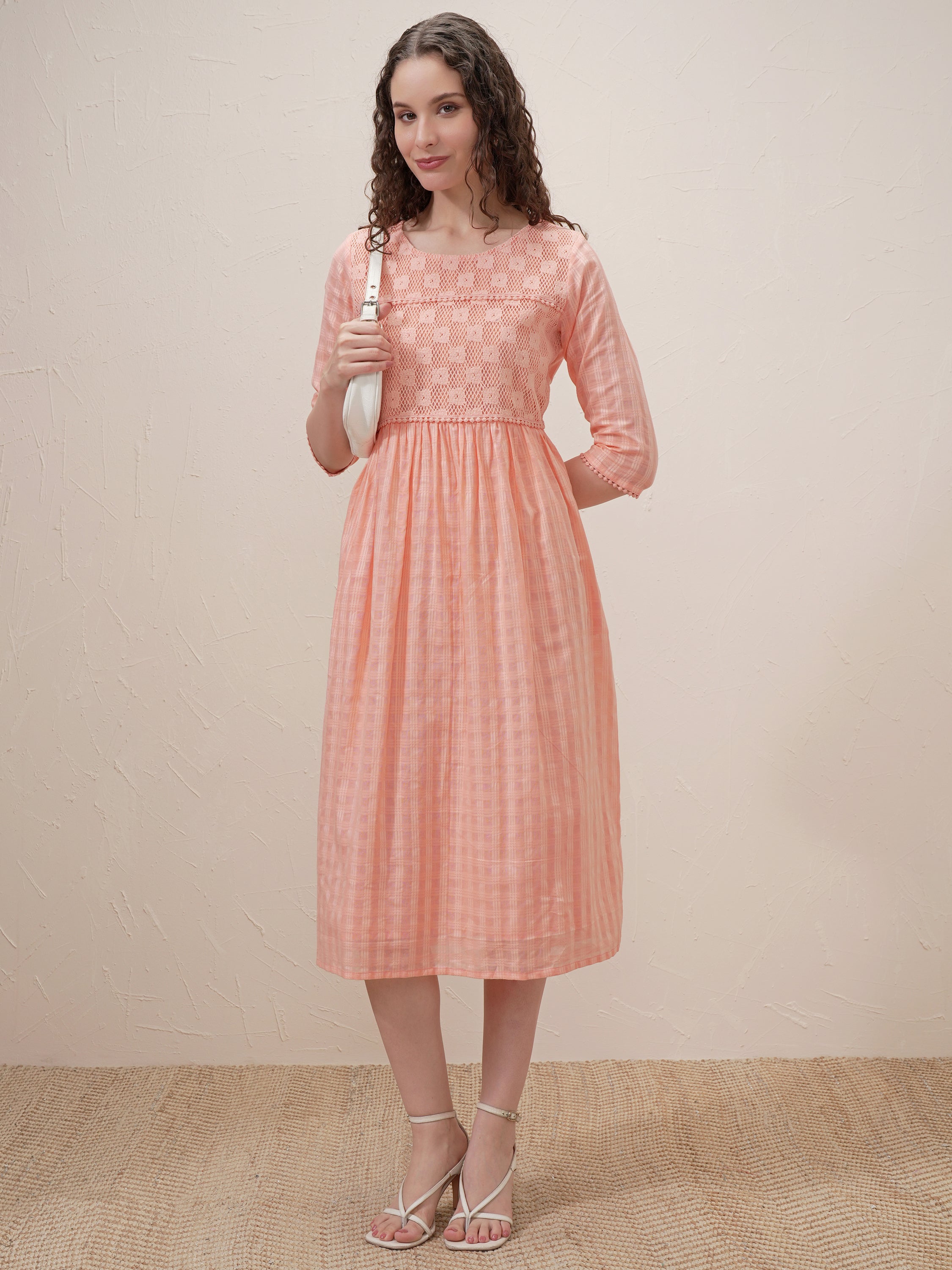 Vishudh Women Peach Self Design A-Line Dress - Peach - Image 2