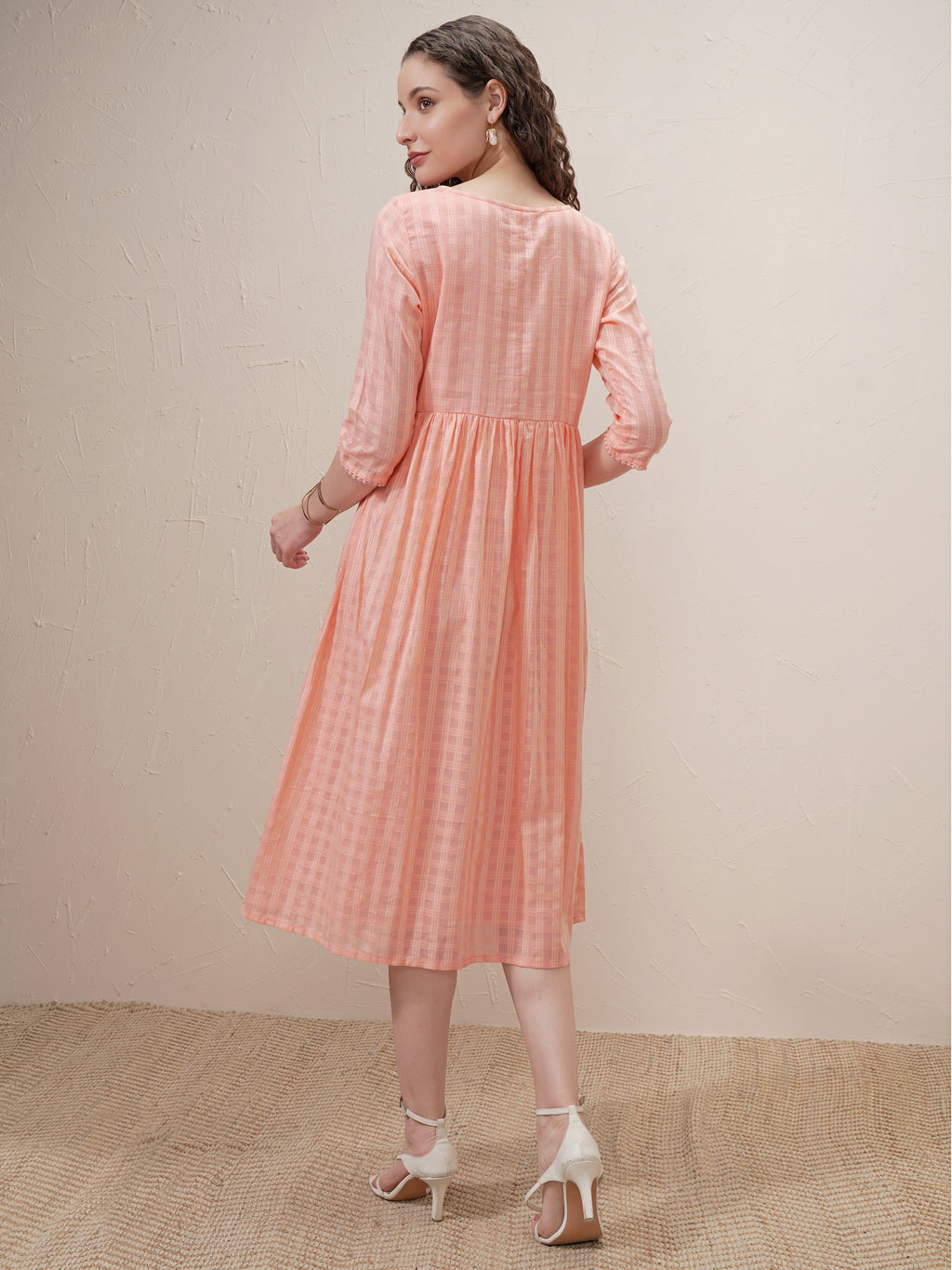 Vishudh Women Peach Self Design A-Line Dress - Peach - Image 3