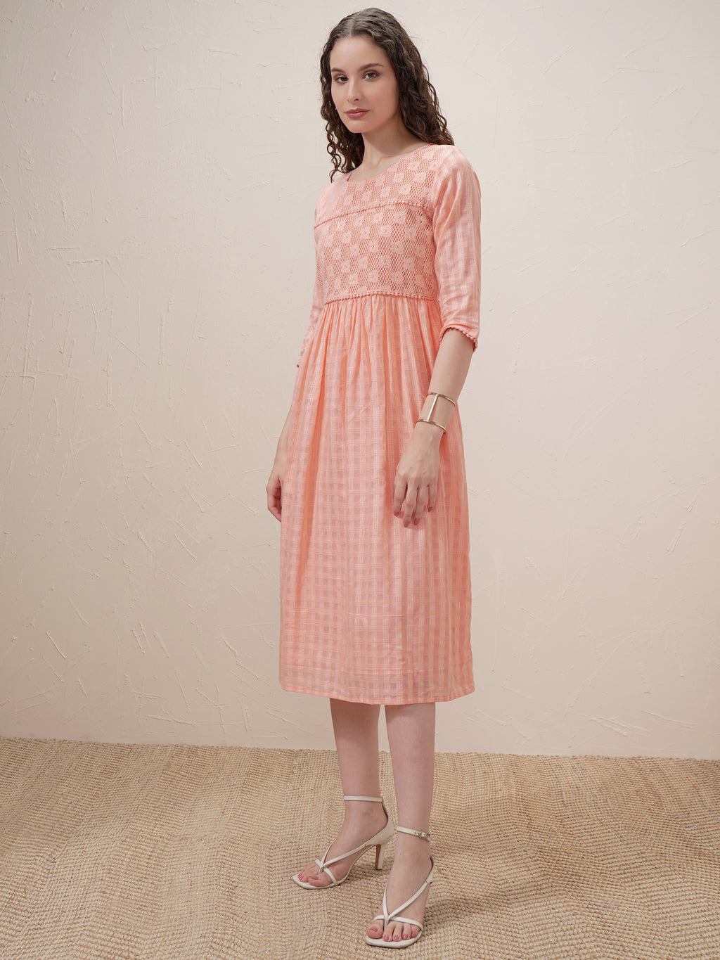 Vishudh Women Peach Self Design A-Line Dress - Peach - Image 4