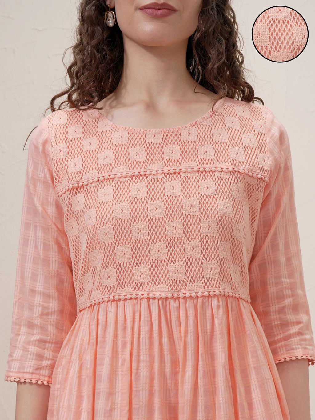 Vishudh Women Peach Self Design A-Line Dress - Peach - Image 5