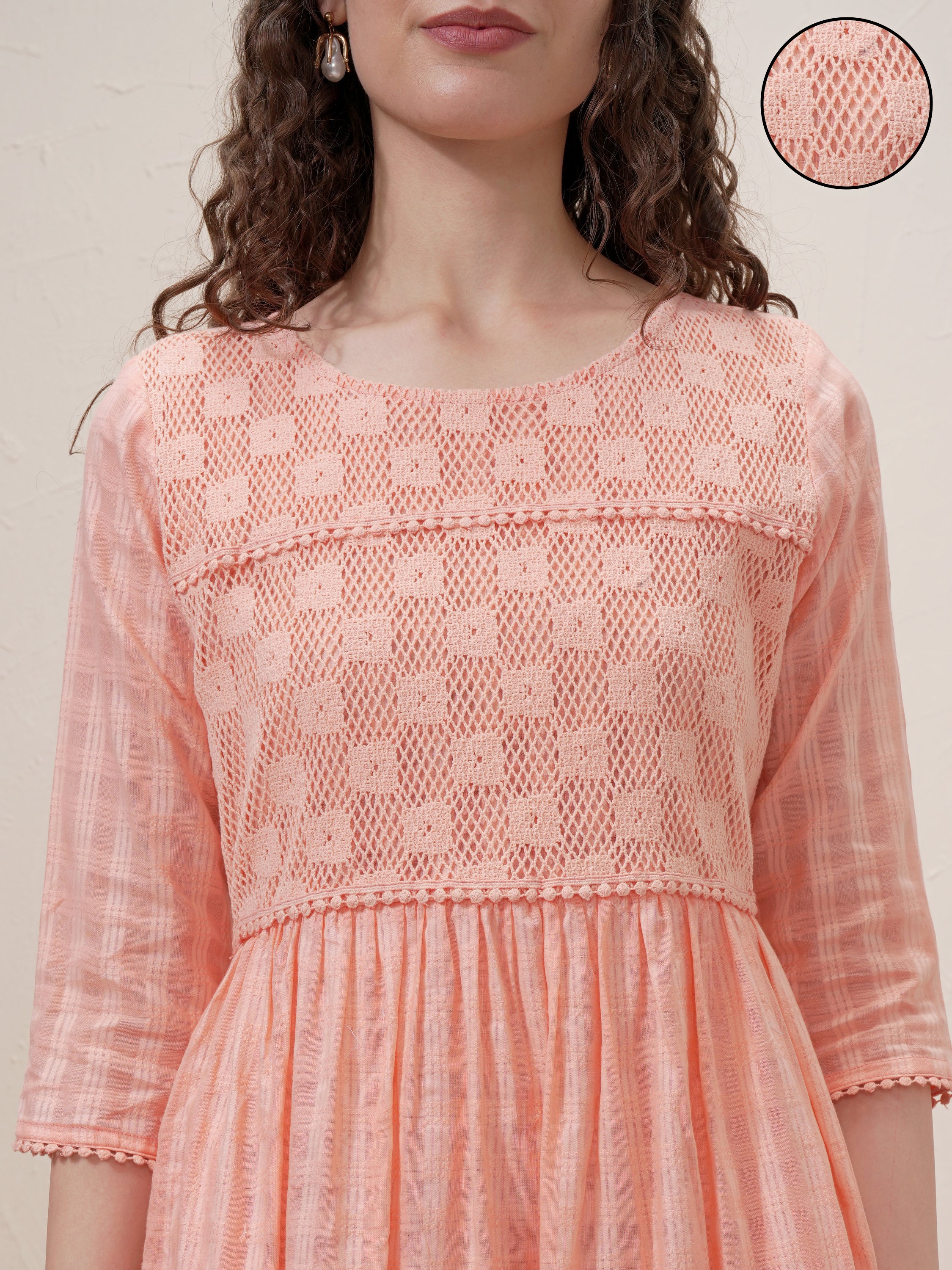 Vishudh Women Peach Self Design A-Line Dress - Peach - Image 5