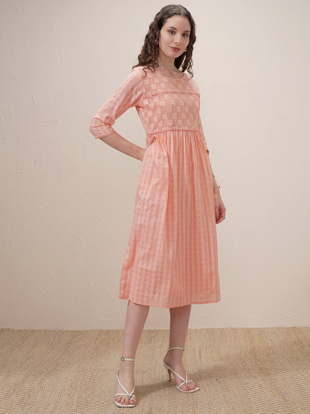 Vishudh Women Peach Self Design A-Line Dress - Peach - Image 6