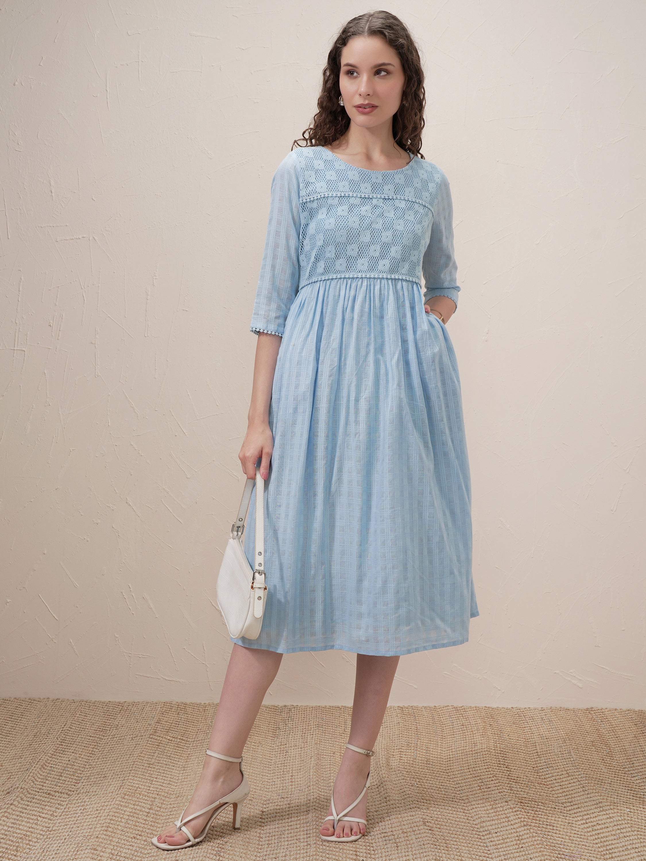 Vishudh Women Blue Self Design A-Line Dress - Blue - Image 2
