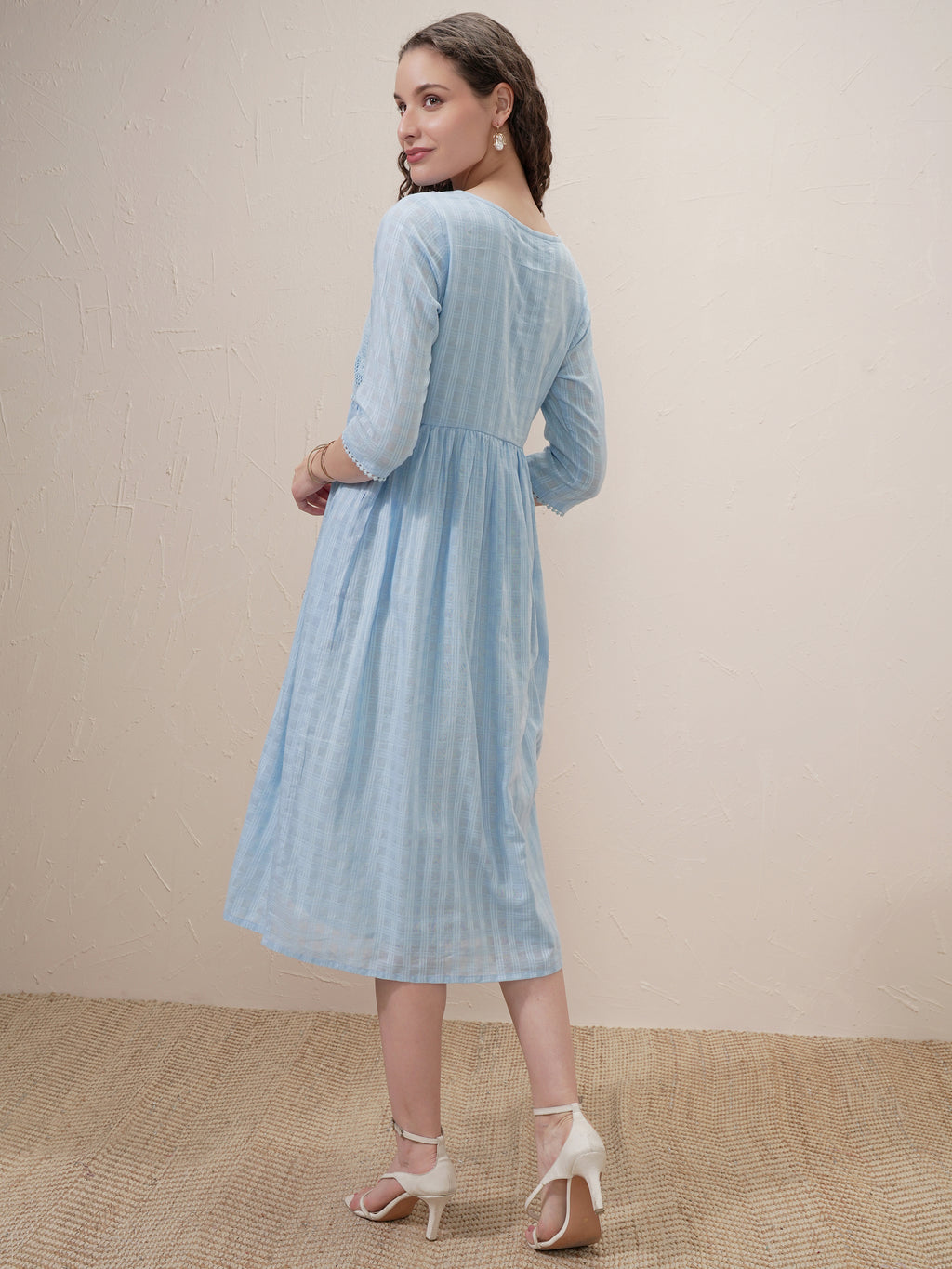 Vishudh Women Blue Self Design A-Line Dress - Blue - Image 3
