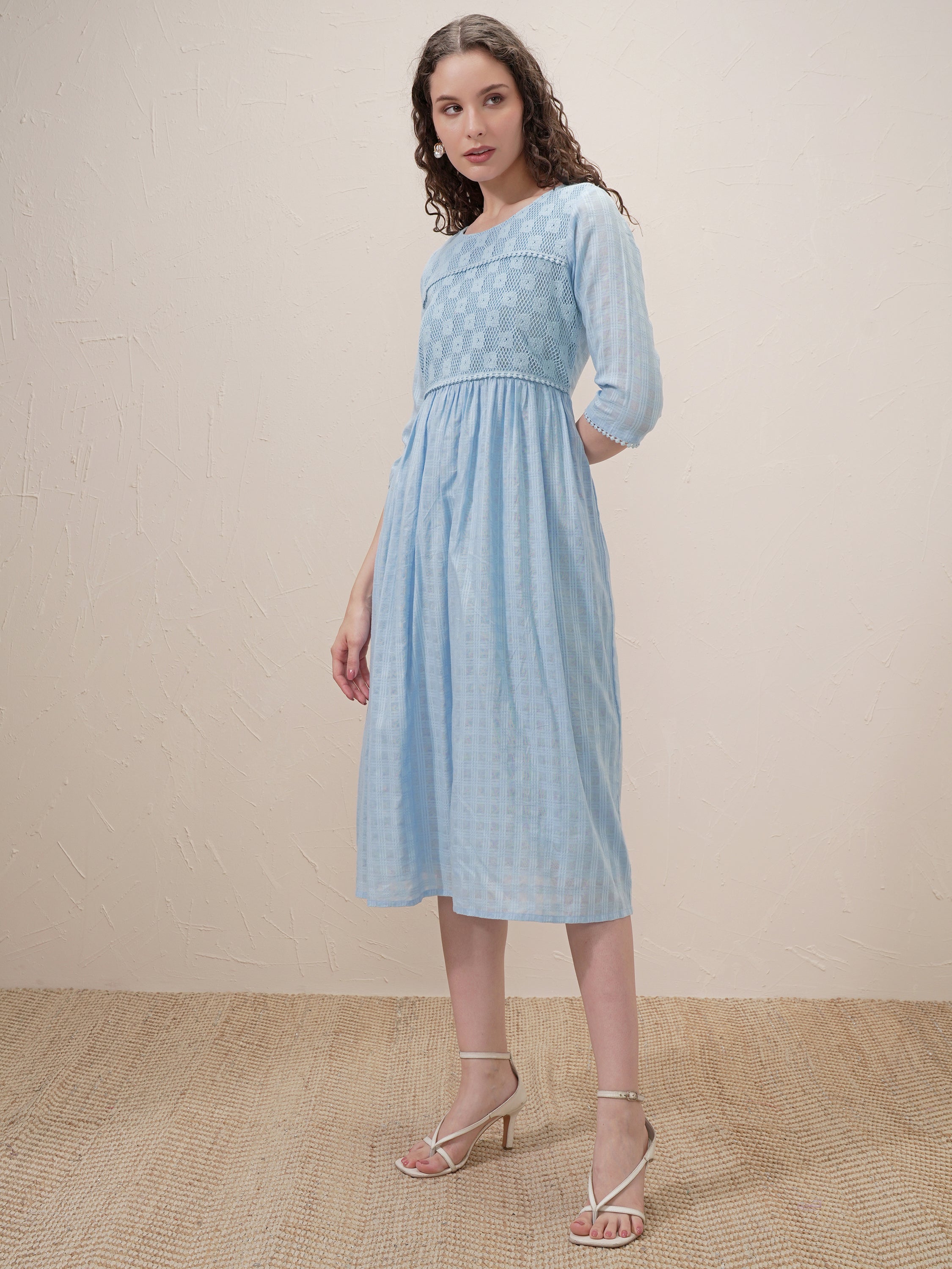 Vishudh Women Blue Self Design A-Line Dress - Blue - Image 4