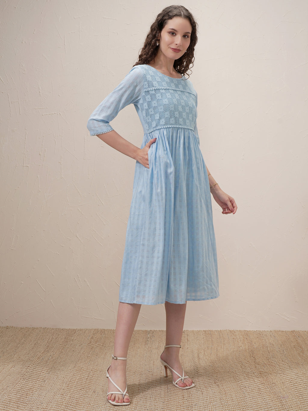 Vishudh Women Blue Self Design A-Line Dress - Blue - Image 6