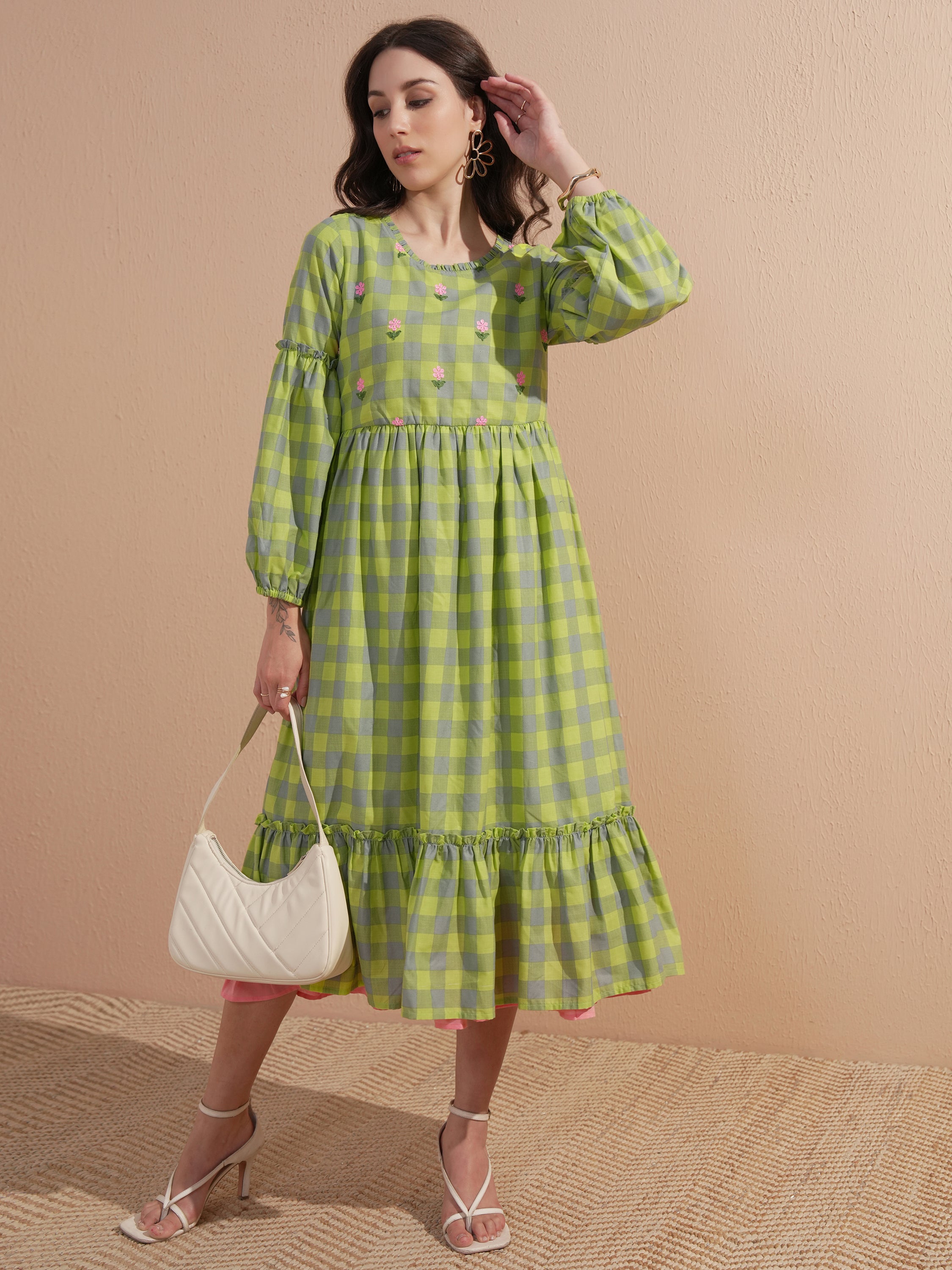 Vishudh women Green Checked Drop-Waist Dress - Green - Image 1