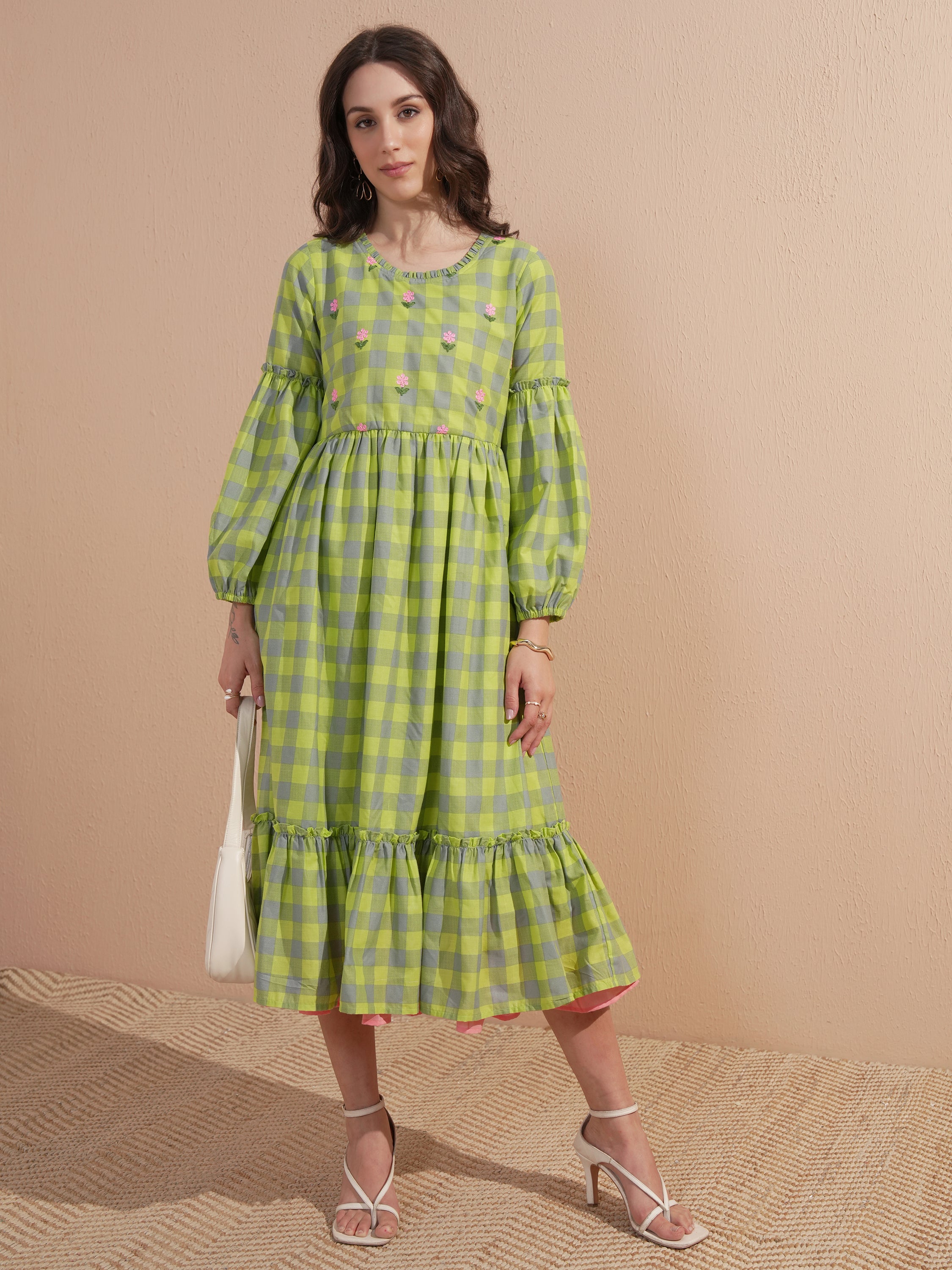Vishudh women Green Checked Drop-Waist Dress - Green - Image 2