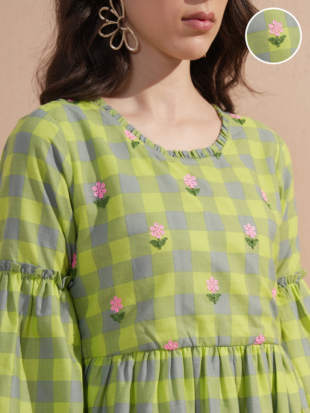 Vishudh women Green Checked Drop-Waist Dress - Green - Image 5