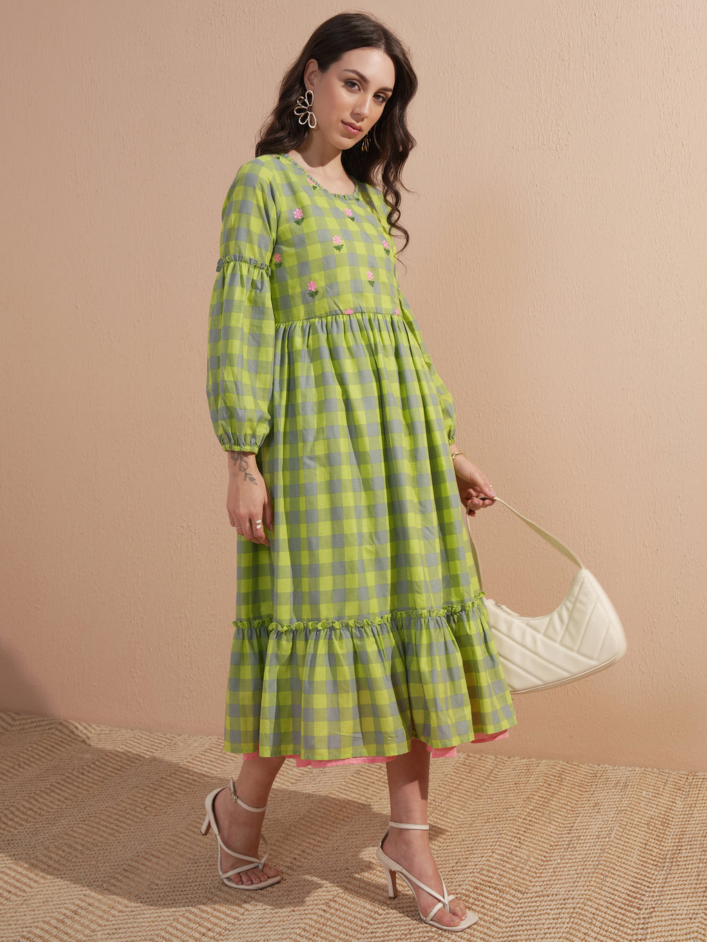 Vishudh women Green Checked Drop-Waist Dress - Green - Image 6