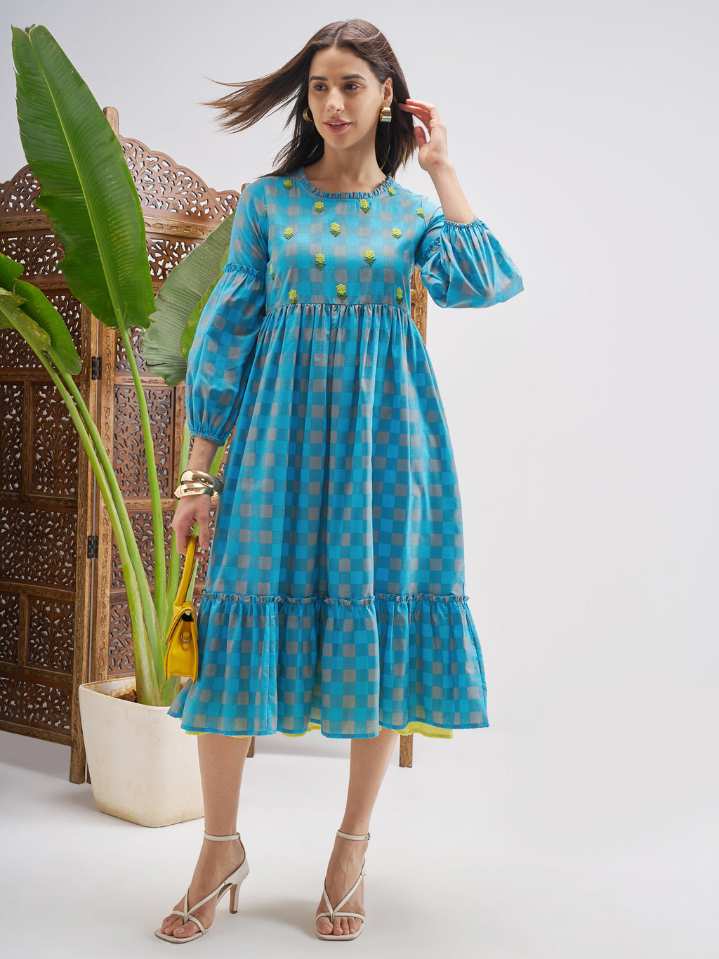 Vishudh Women Blue Checked Fit and Flare Dress - Blue - Image 1