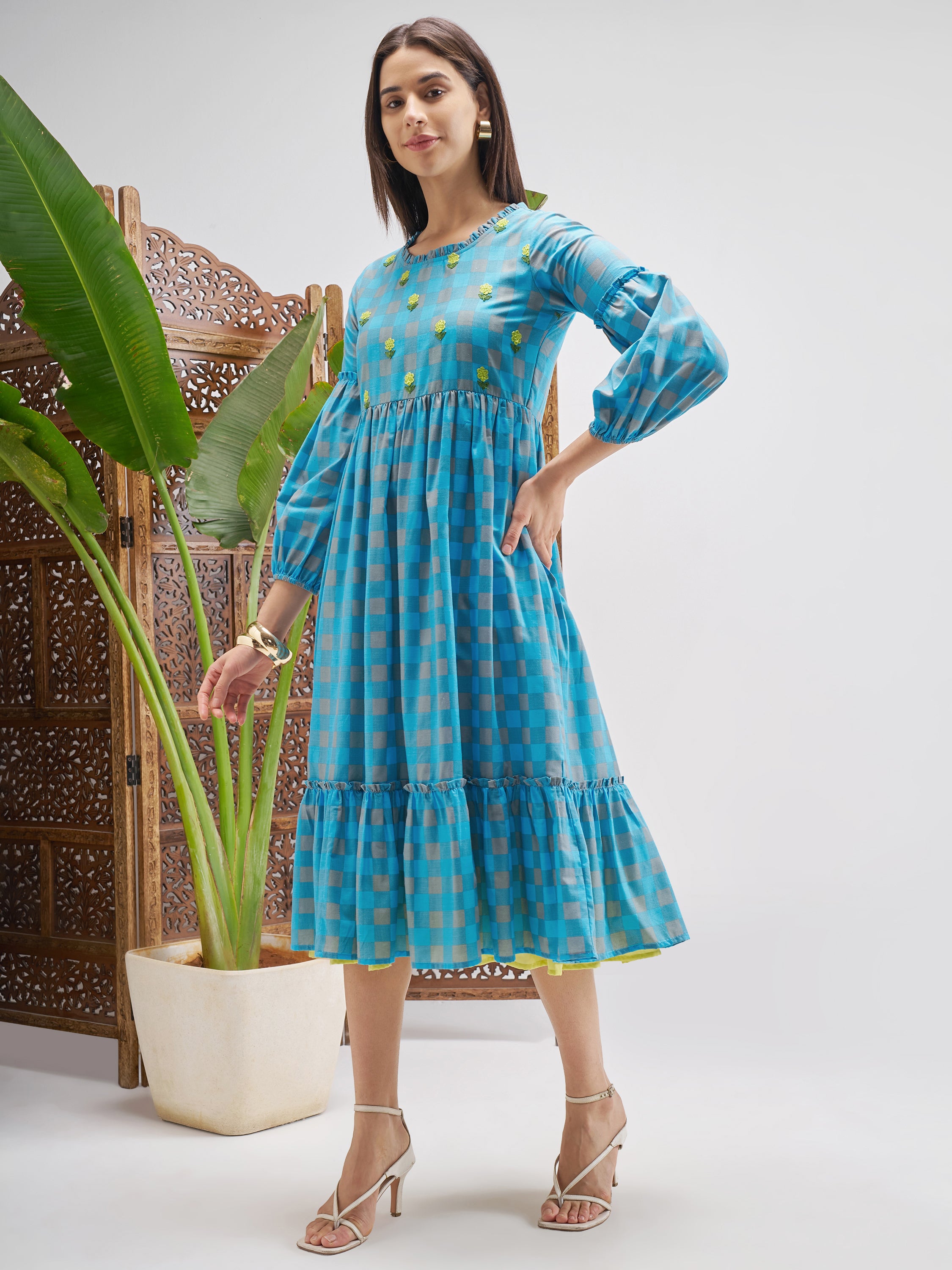 Vishudh Women Blue Checked Fit and Flare Dress - Blue - Image 2
