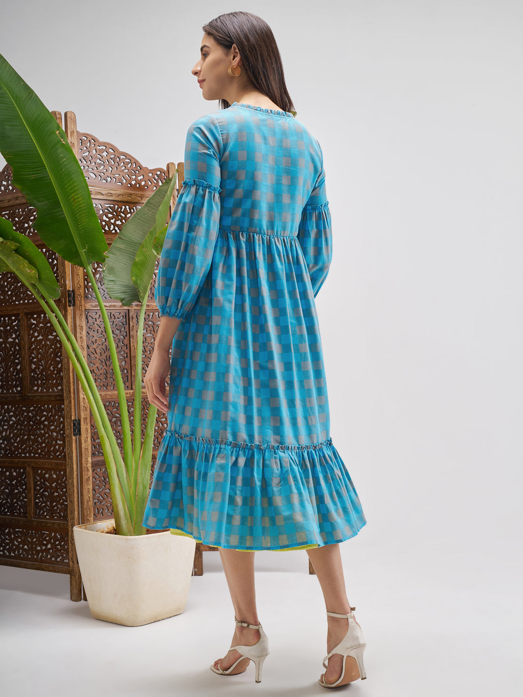 Vishudh Women Blue Checked Fit and Flare Dress - Blue - Image 3