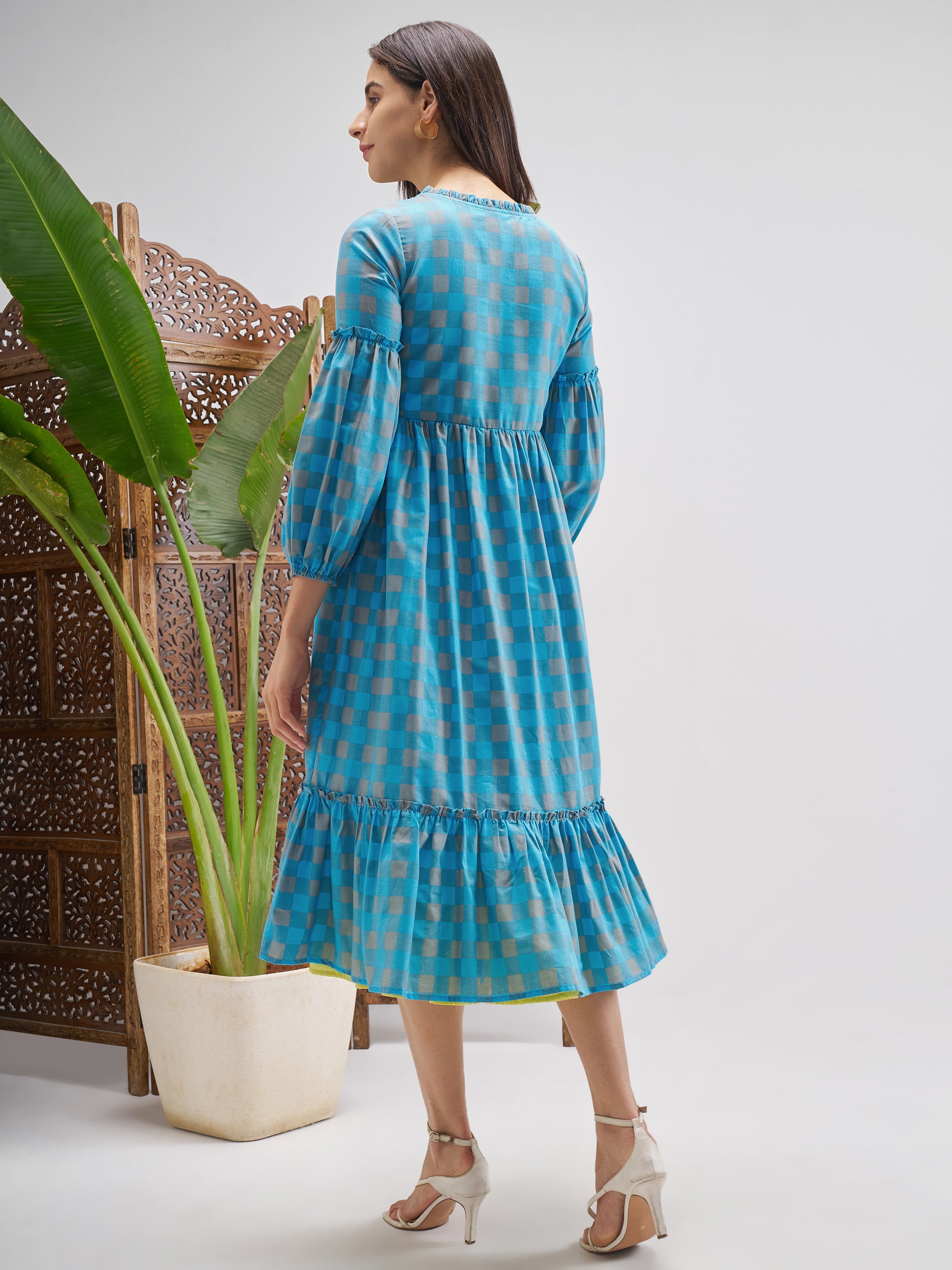 Vishudh Women Blue Checked Fit and Flare Dress - Blue - Image 3