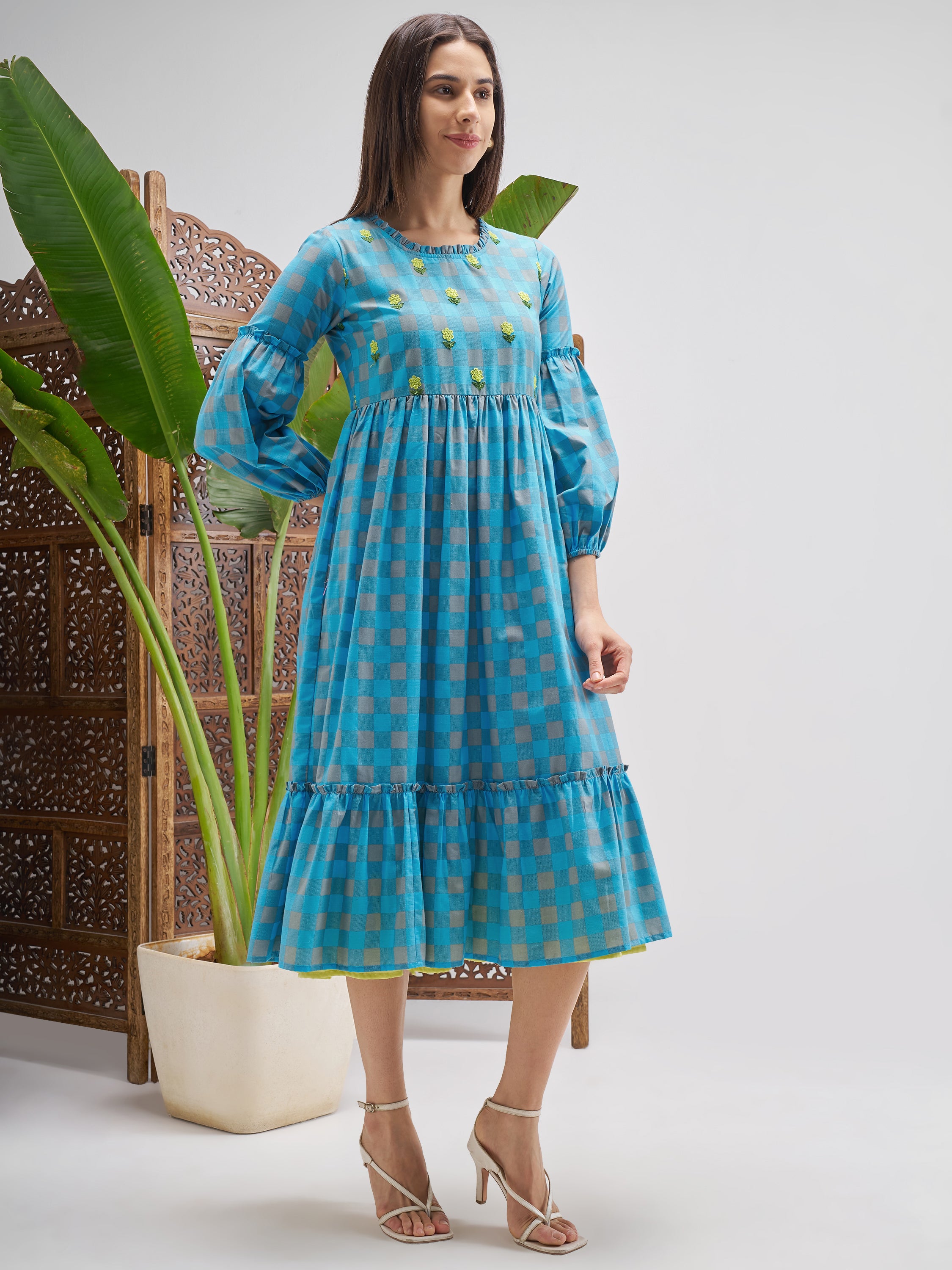 Vishudh Women Blue Checked Fit and Flare Dress - Blue - Image 4