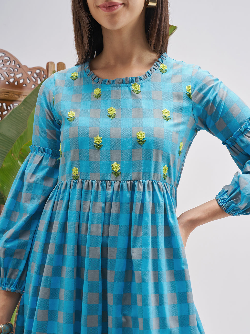 Vishudh Women Blue Checked Fit and Flare Dress - Blue - Image 5