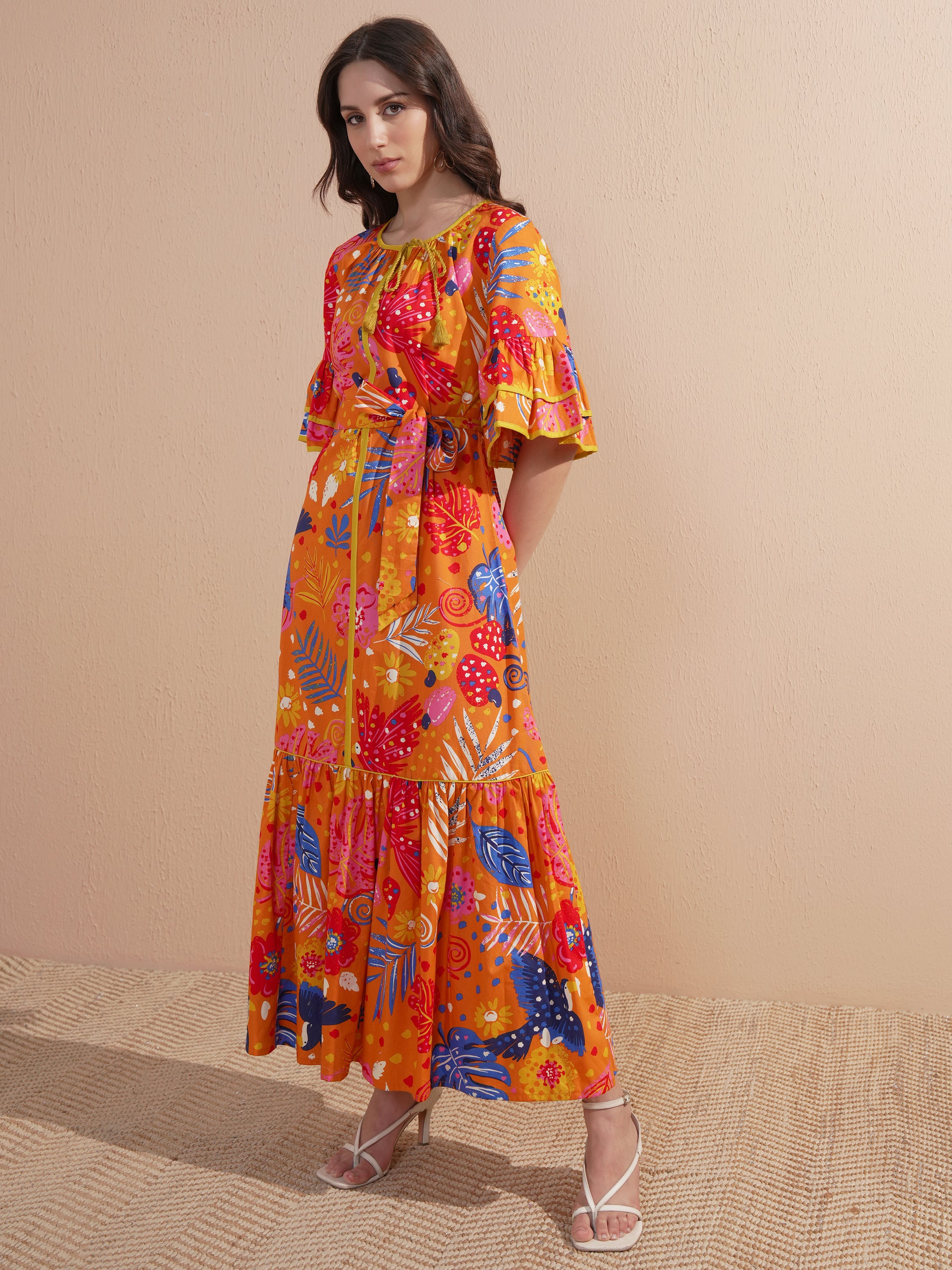 Vishudh Women Orange Printed Maxi Dress - Orange - Image 2