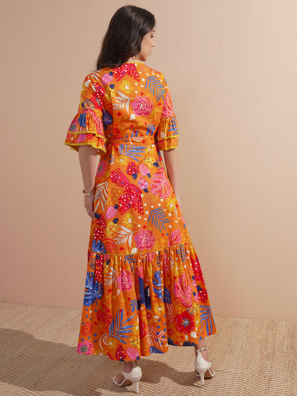 Vishudh Women Orange Printed Maxi Dress - Orange - Image 3