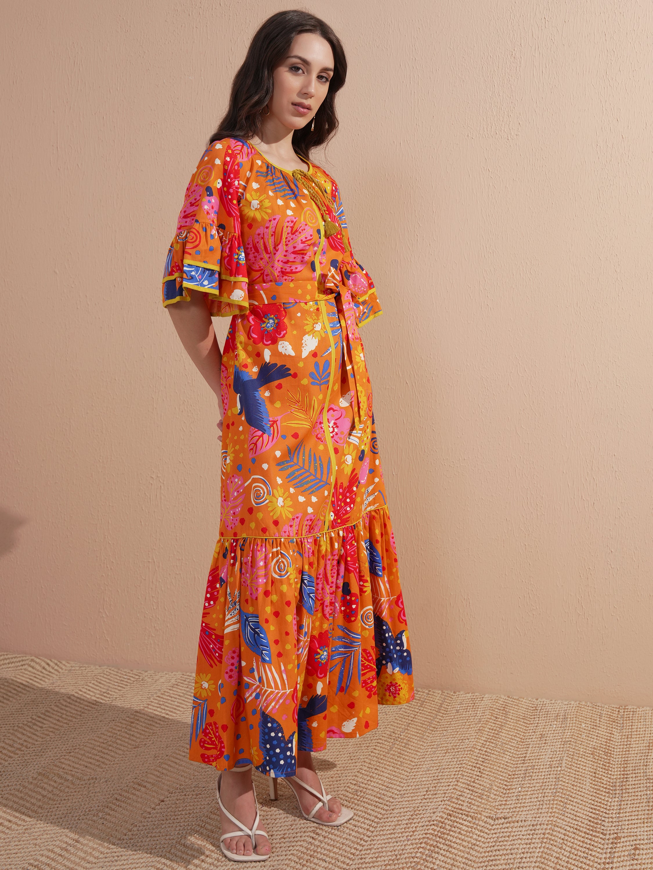 Vishudh Women Orange Printed Maxi Dress - Orange - Image 4
