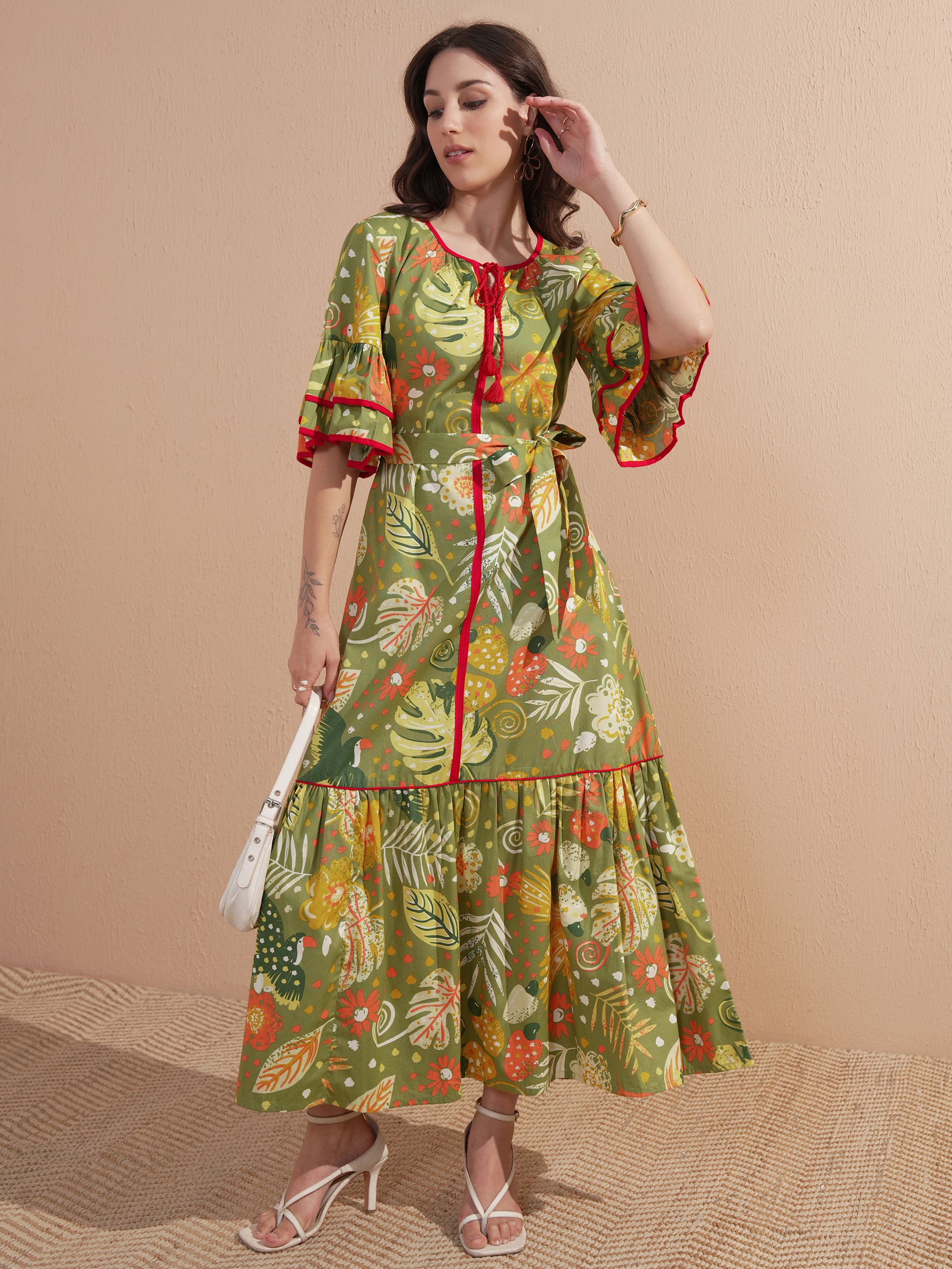 Vishudh Women Green Printed Maxi Dress - Green - Image 1