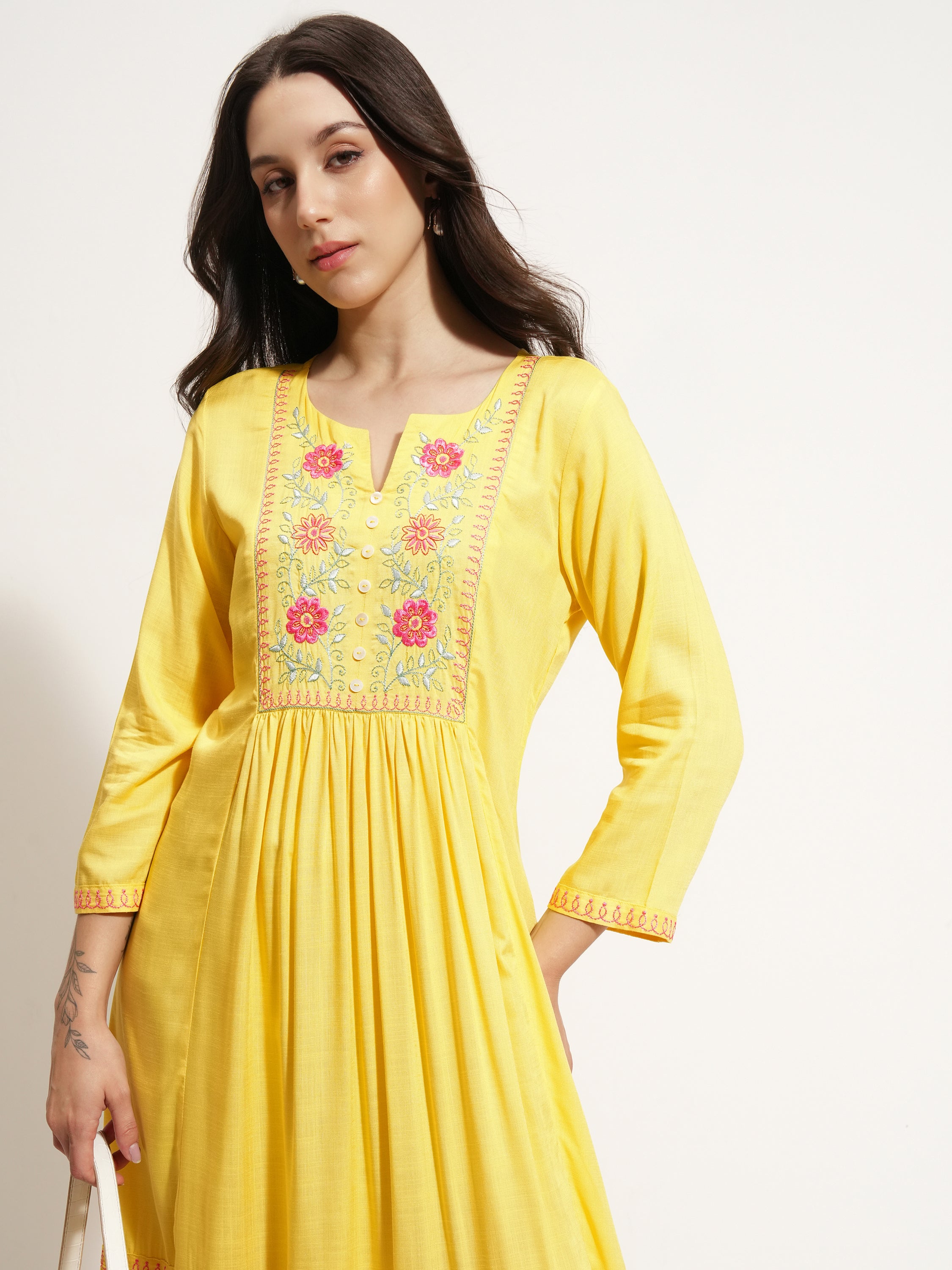 Vishudh Women Yellow Embroidered Maxi Dress - Yellow - Image 1