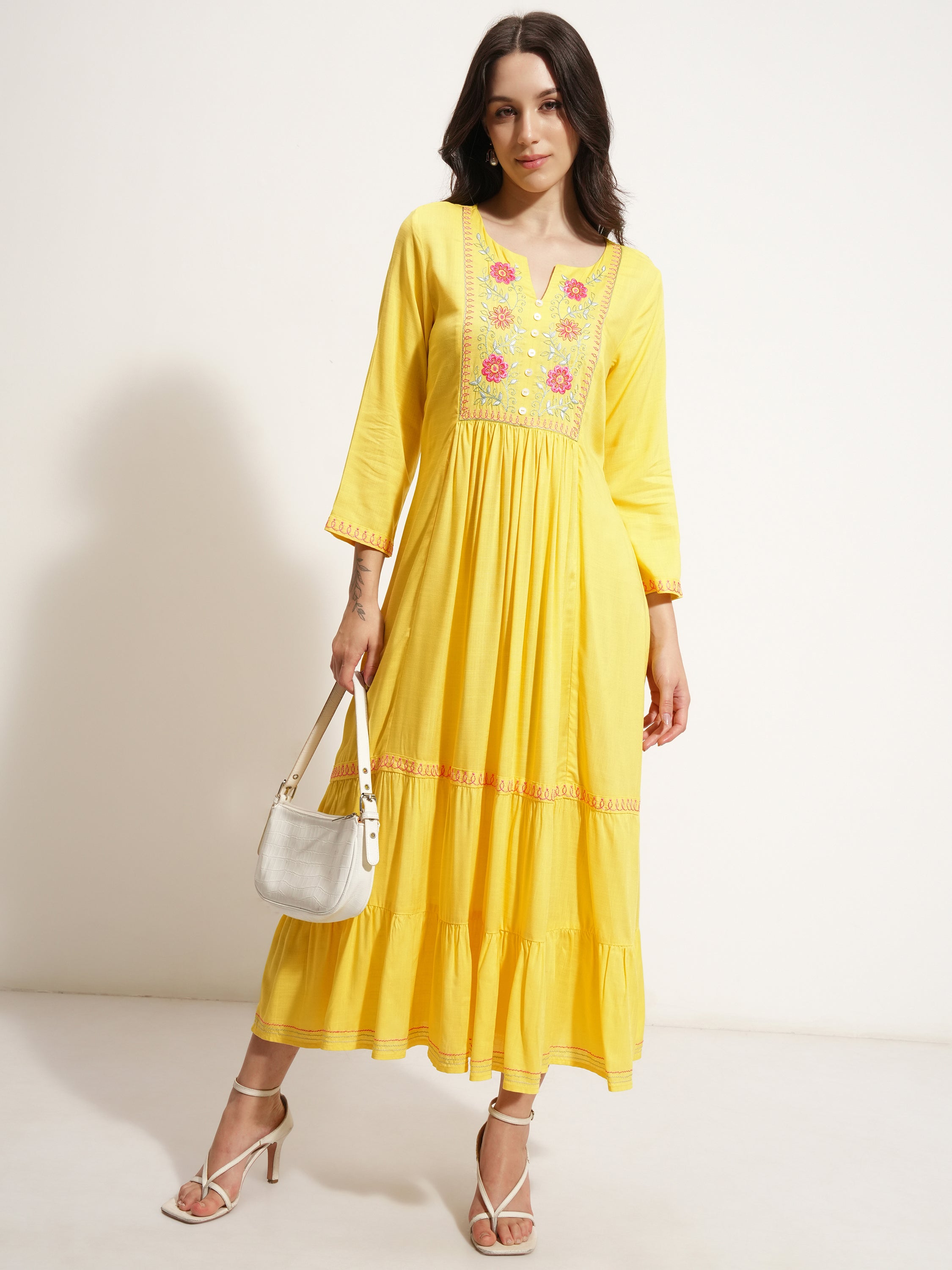 Vishudh Women Yellow Embroidered Maxi Dress - Yellow - Image 2