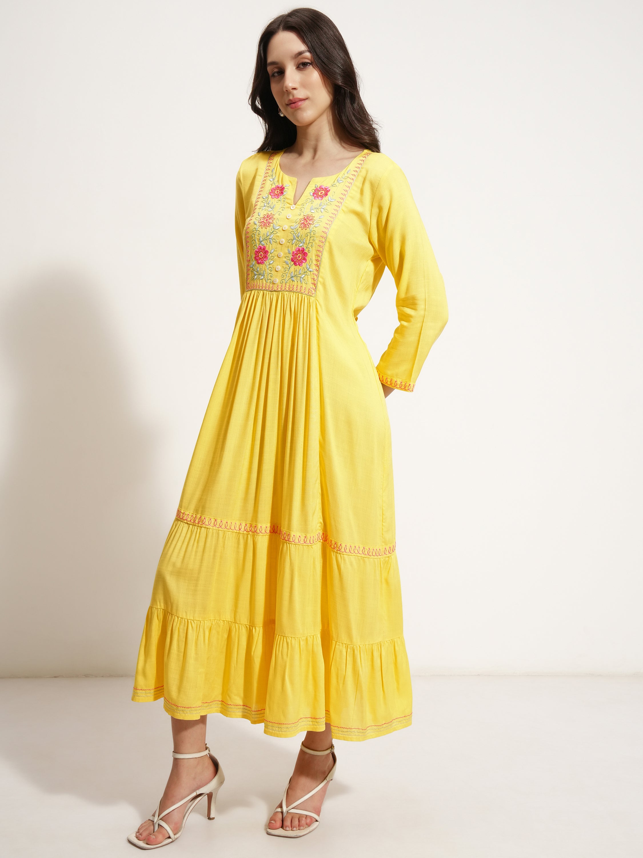Vishudh Women Yellow Embroidered Maxi Dress - Yellow - Image 4