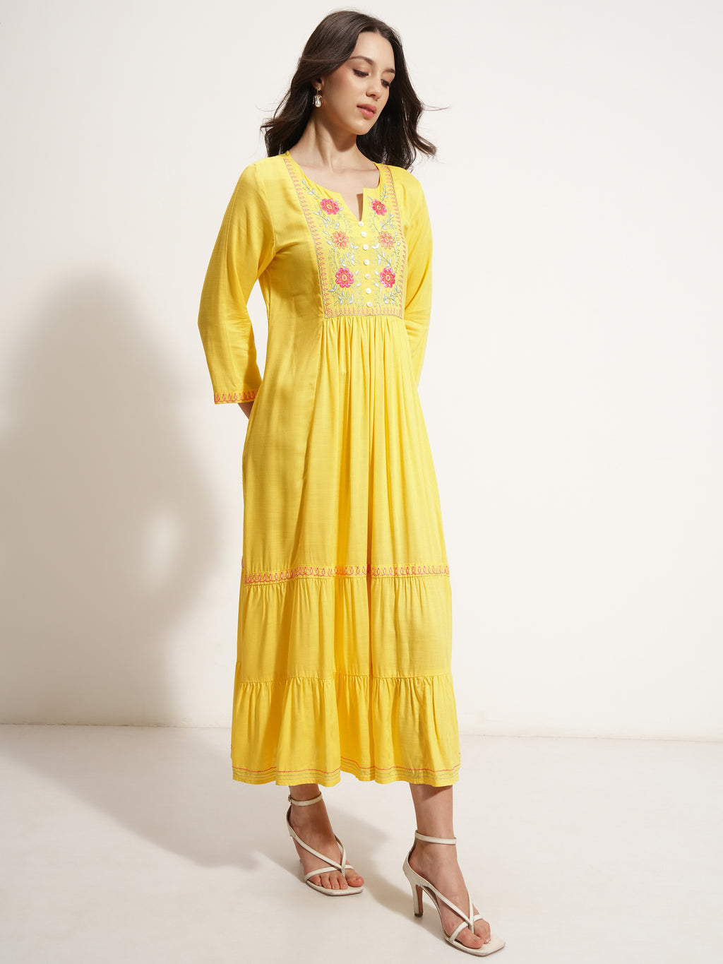 Vishudh Women Yellow Embroidered Maxi Dress - Yellow - Image 6