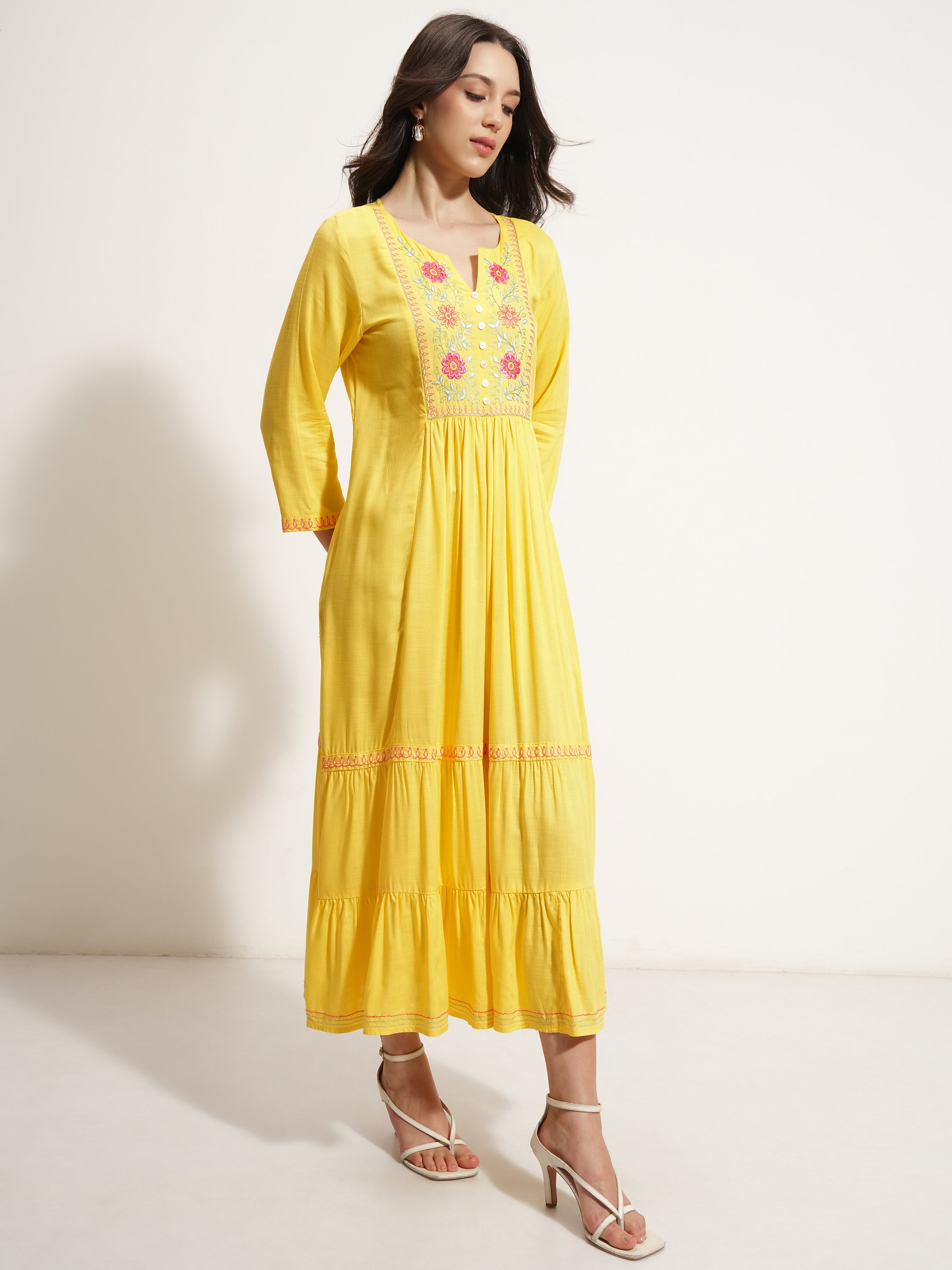 Vishudh Women Yellow Embroidered Maxi Dress - Yellow - Image 6
