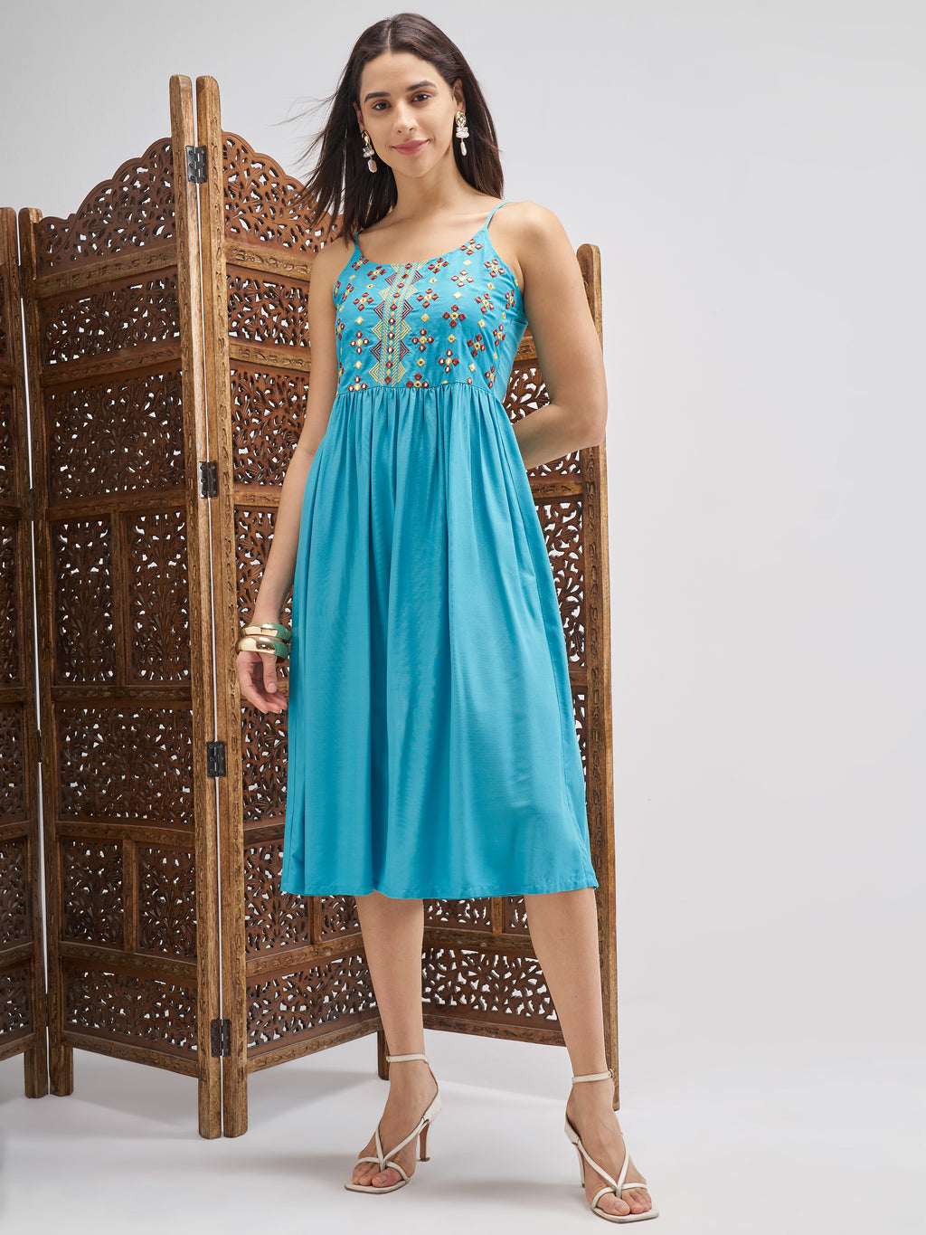 Vishudh Women Blue Embroidered Fit and Flare Dress - Blue - Image 1