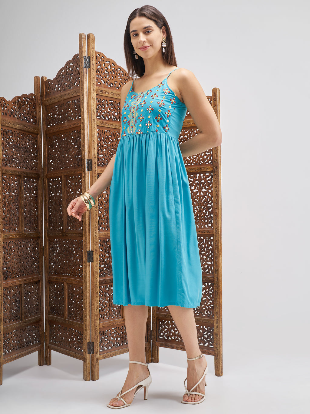 Vishudh Women Blue Embroidered Fit and Flare Dress - Blue - Image 2