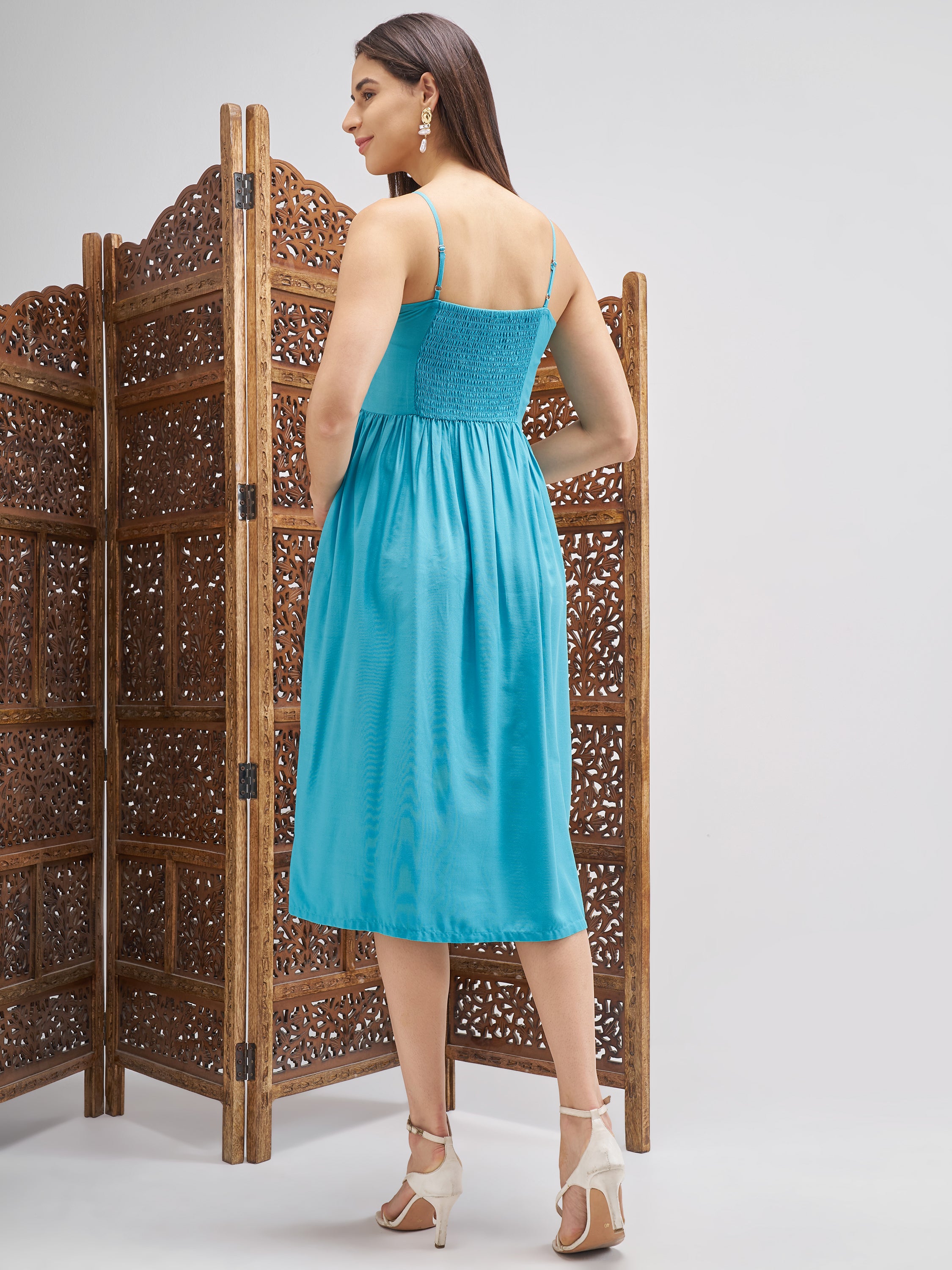 Vishudh Women Blue Embroidered Fit and Flare Dress - Blue - Image 3
