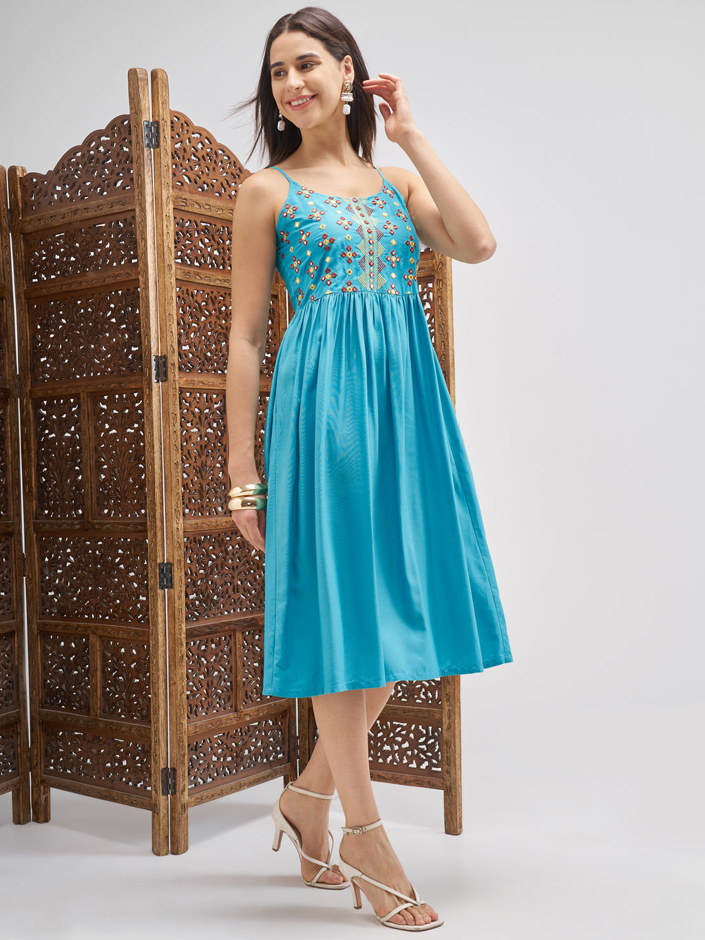 Vishudh Women Blue Embroidered Fit and Flare Dress - Blue - Image 4