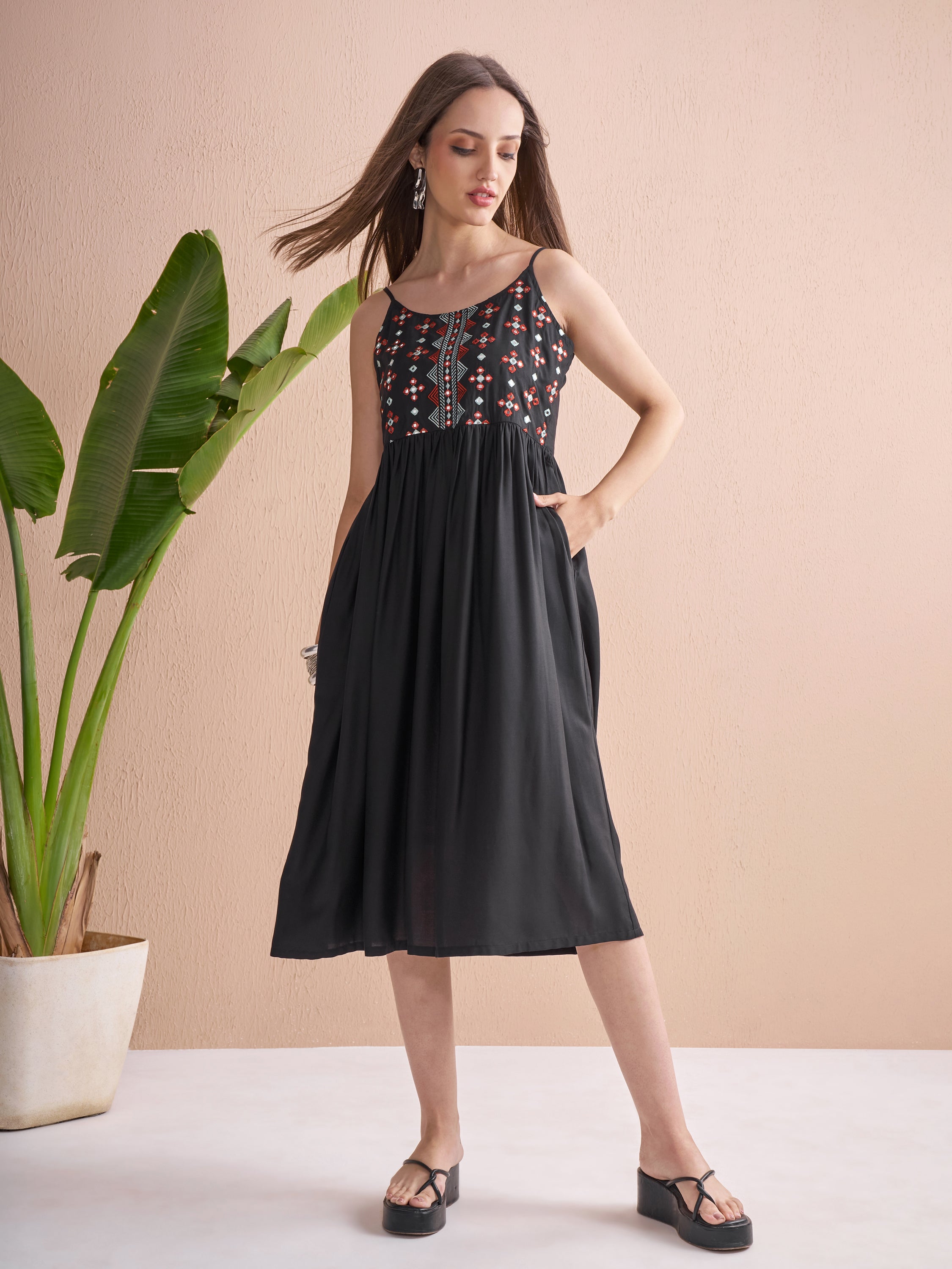 Vishudh Women Black Embroidered Fit and Flare Dress - Black - Image 2