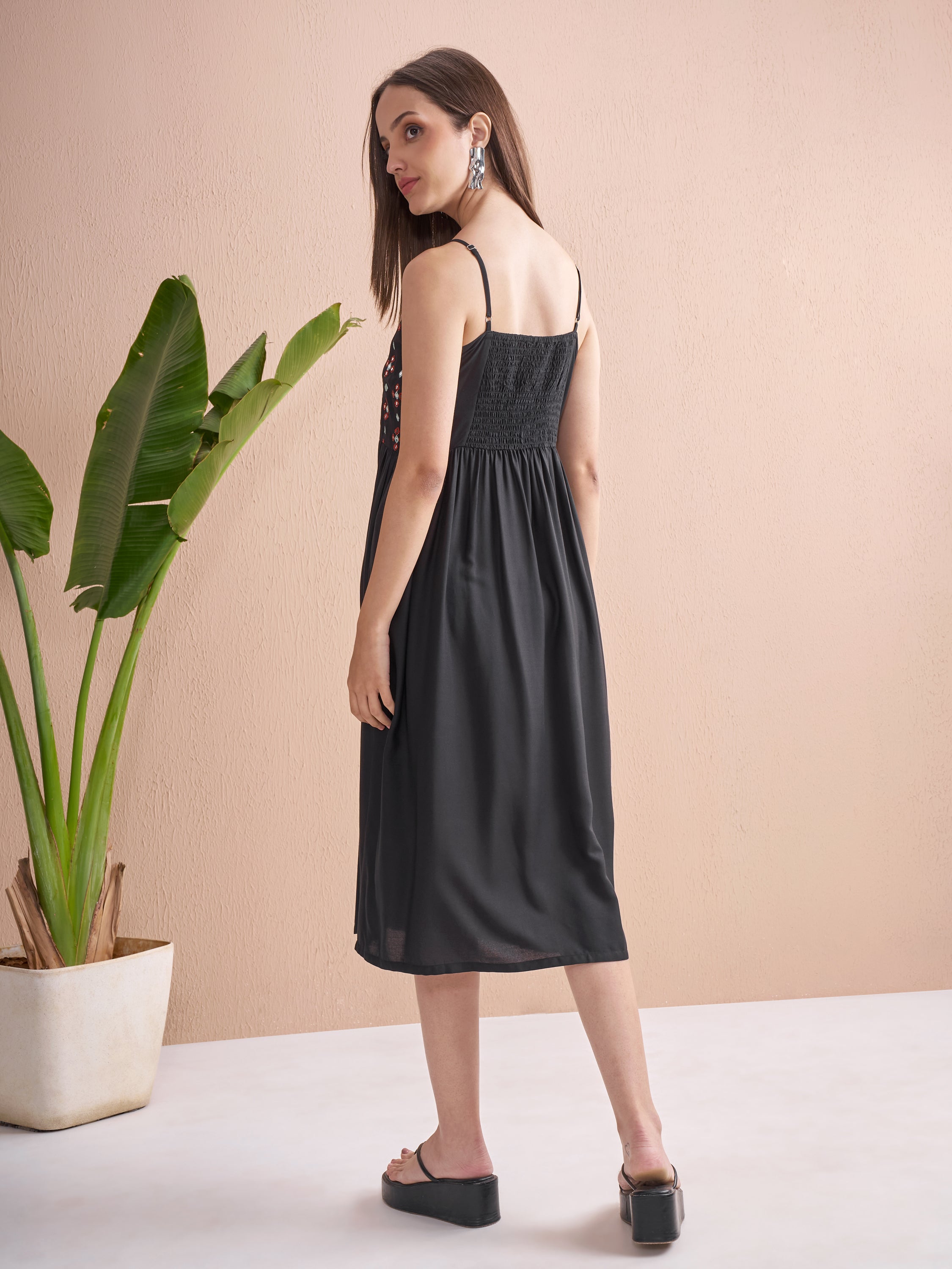 Vishudh Women Black Embroidered Fit and Flare Dress - Black - Image 3