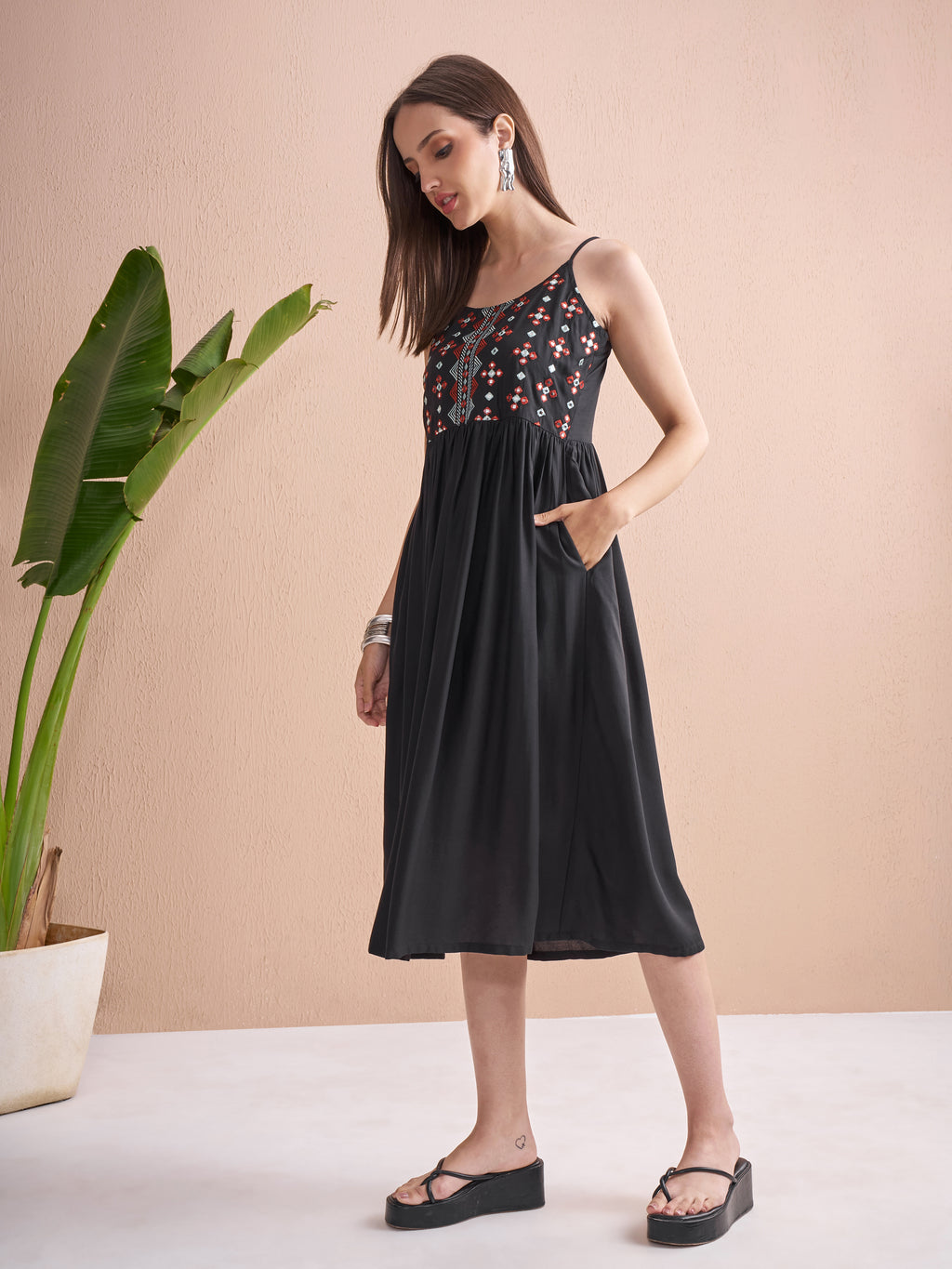 Vishudh Women Black Embroidered Fit and Flare Dress - Black - Image 4