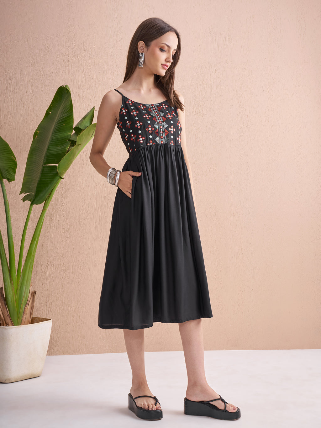 Vishudh Women Black Embroidered Fit and Flare Dress - Black - Image 6