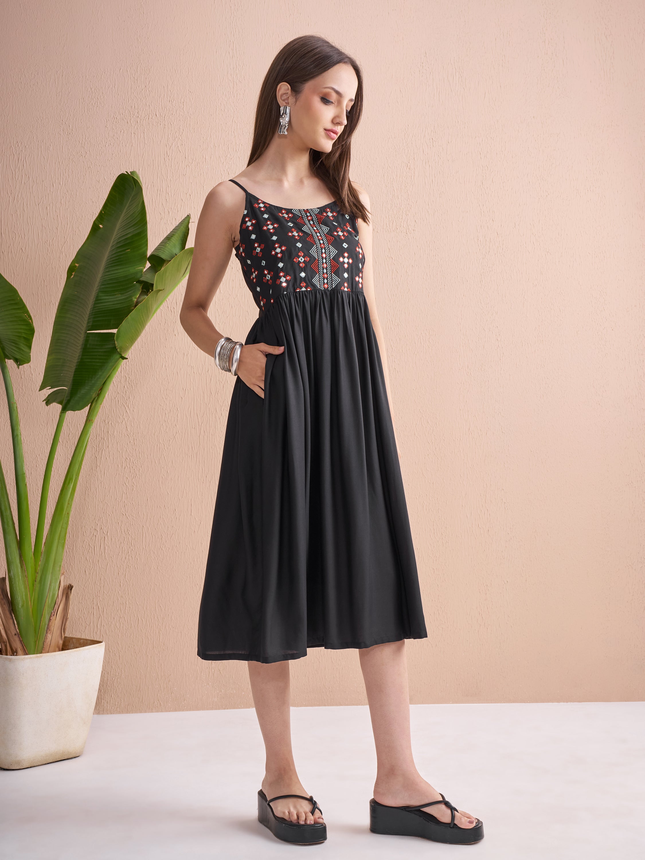 Vishudh Women Black Embroidered Fit and Flare Dress - Black - Image 6
