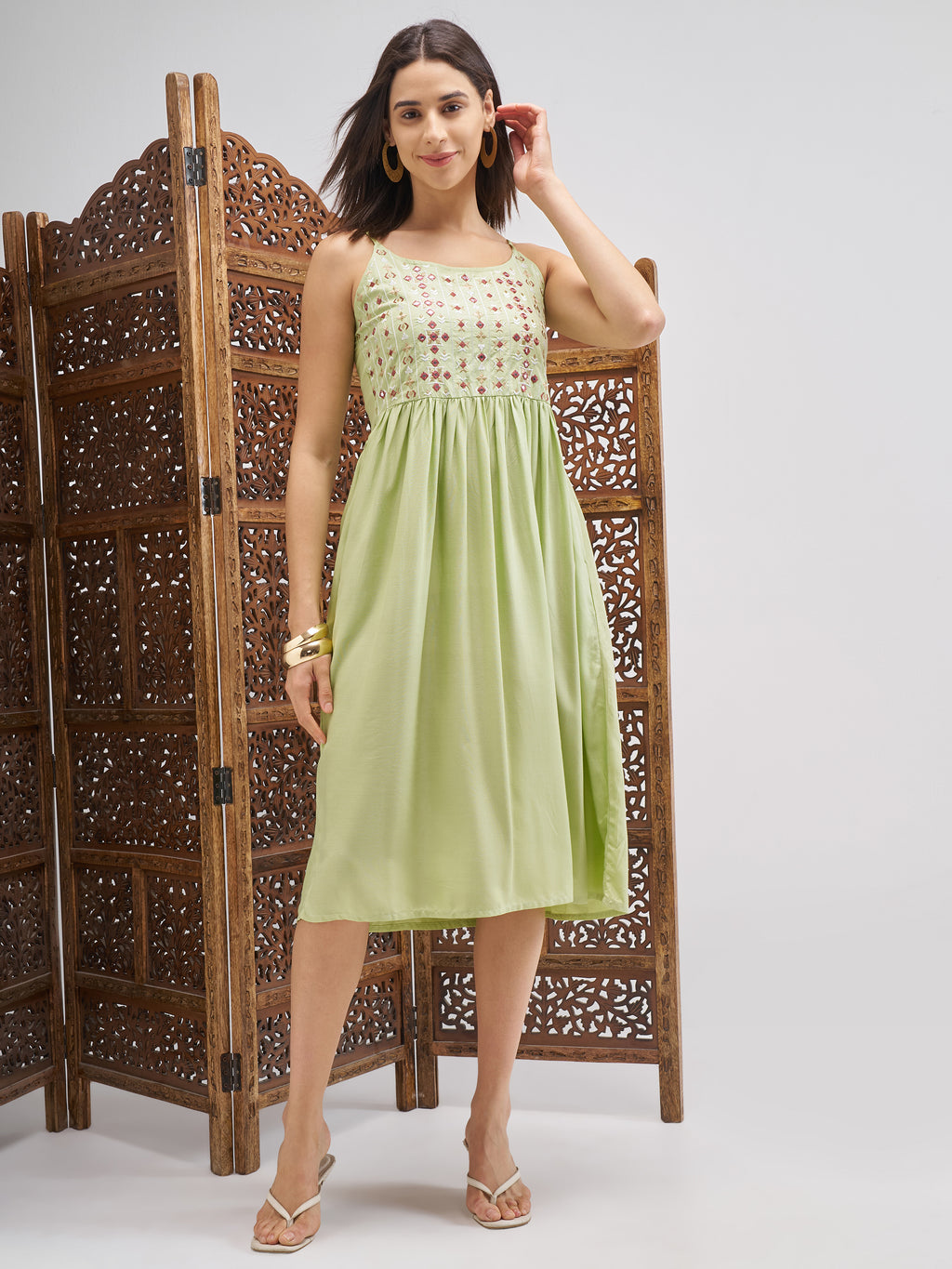 Vishudh Women Green Embroidered Fit and Flare Dress - Green - Image 1