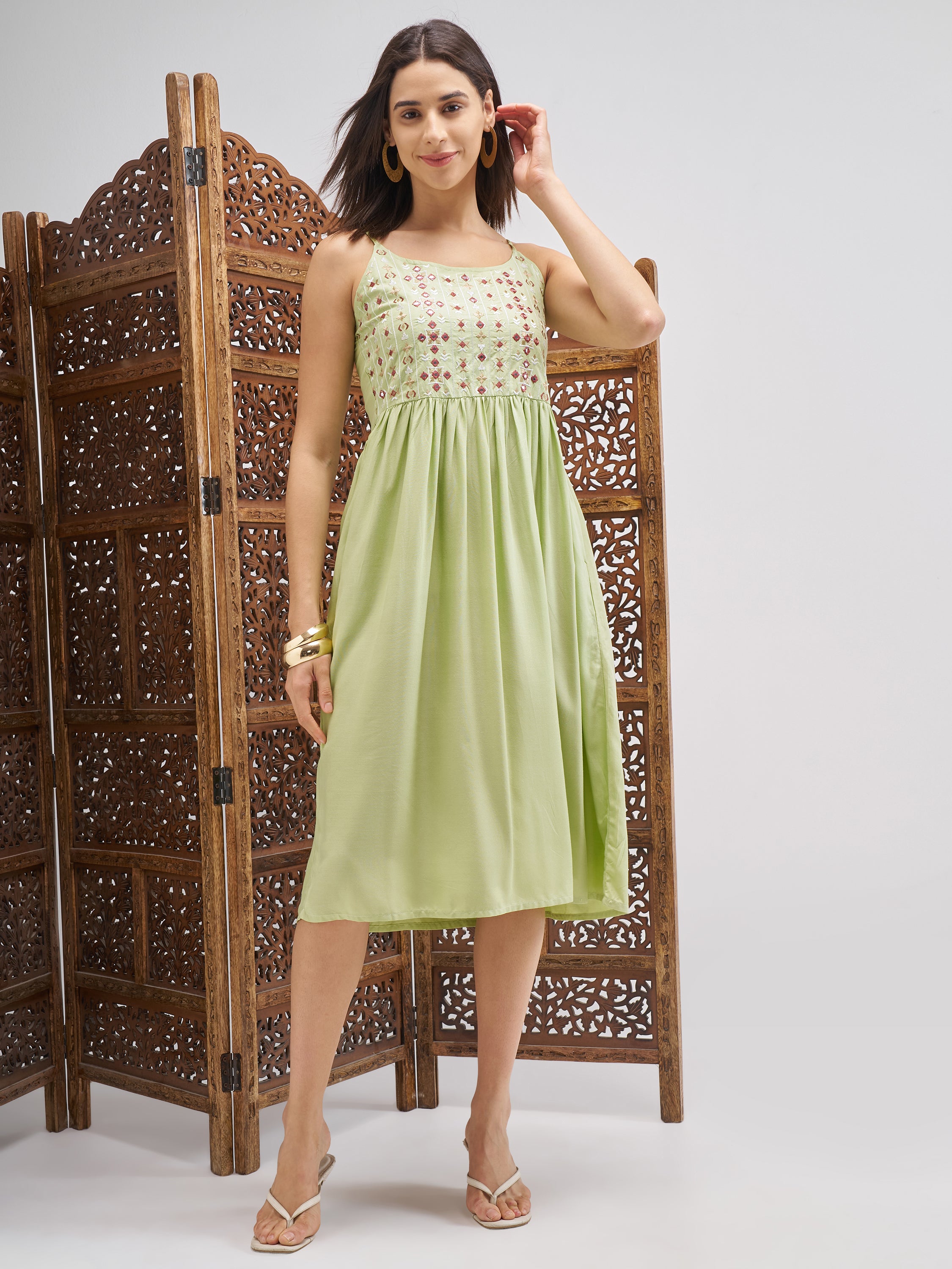 Vishudh Women Green Embroidered Fit and Flare Dress - Green - Image 1