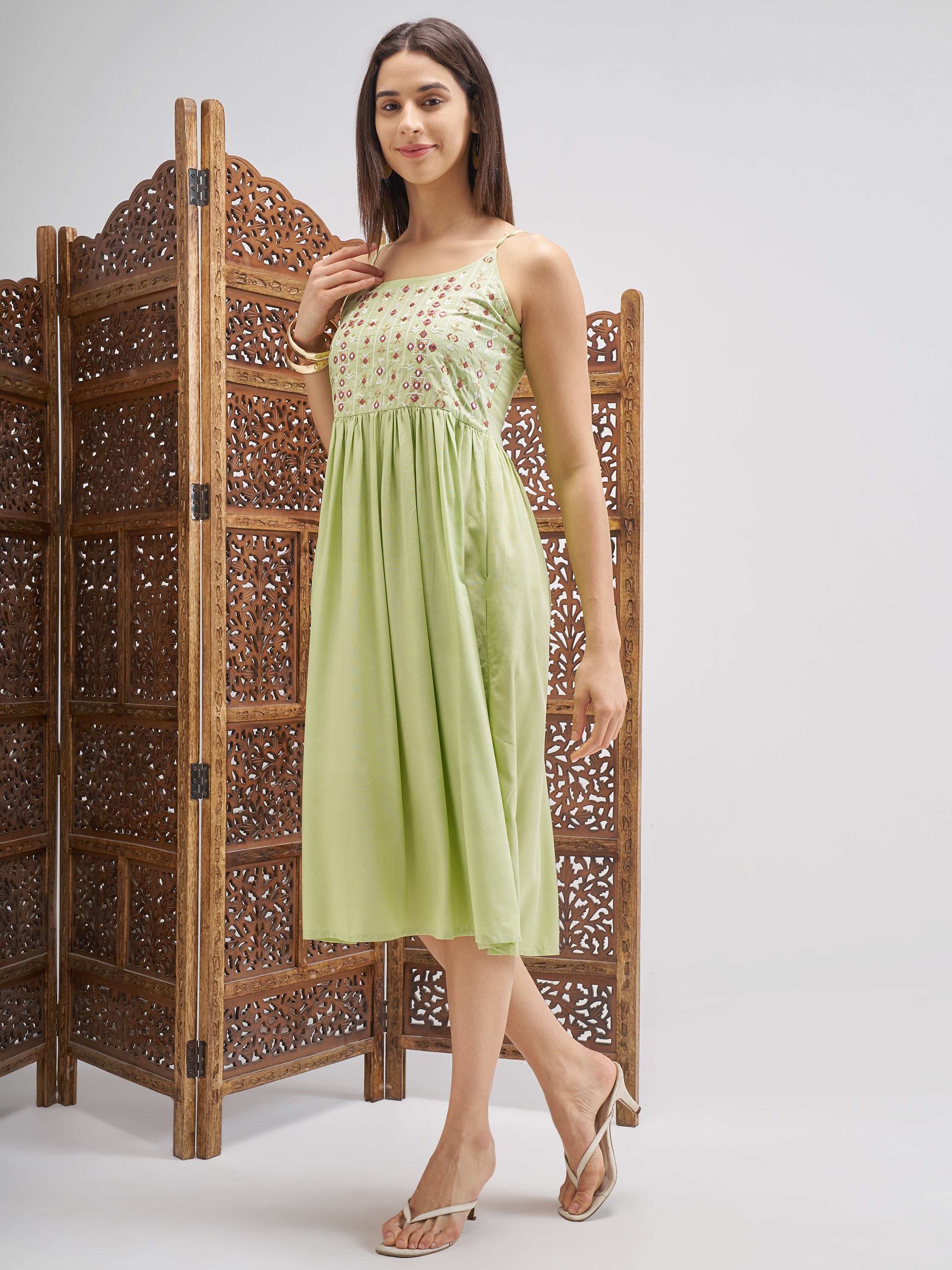 Vishudh Women Green Embroidered Fit and Flare Dress - Green - Image 2