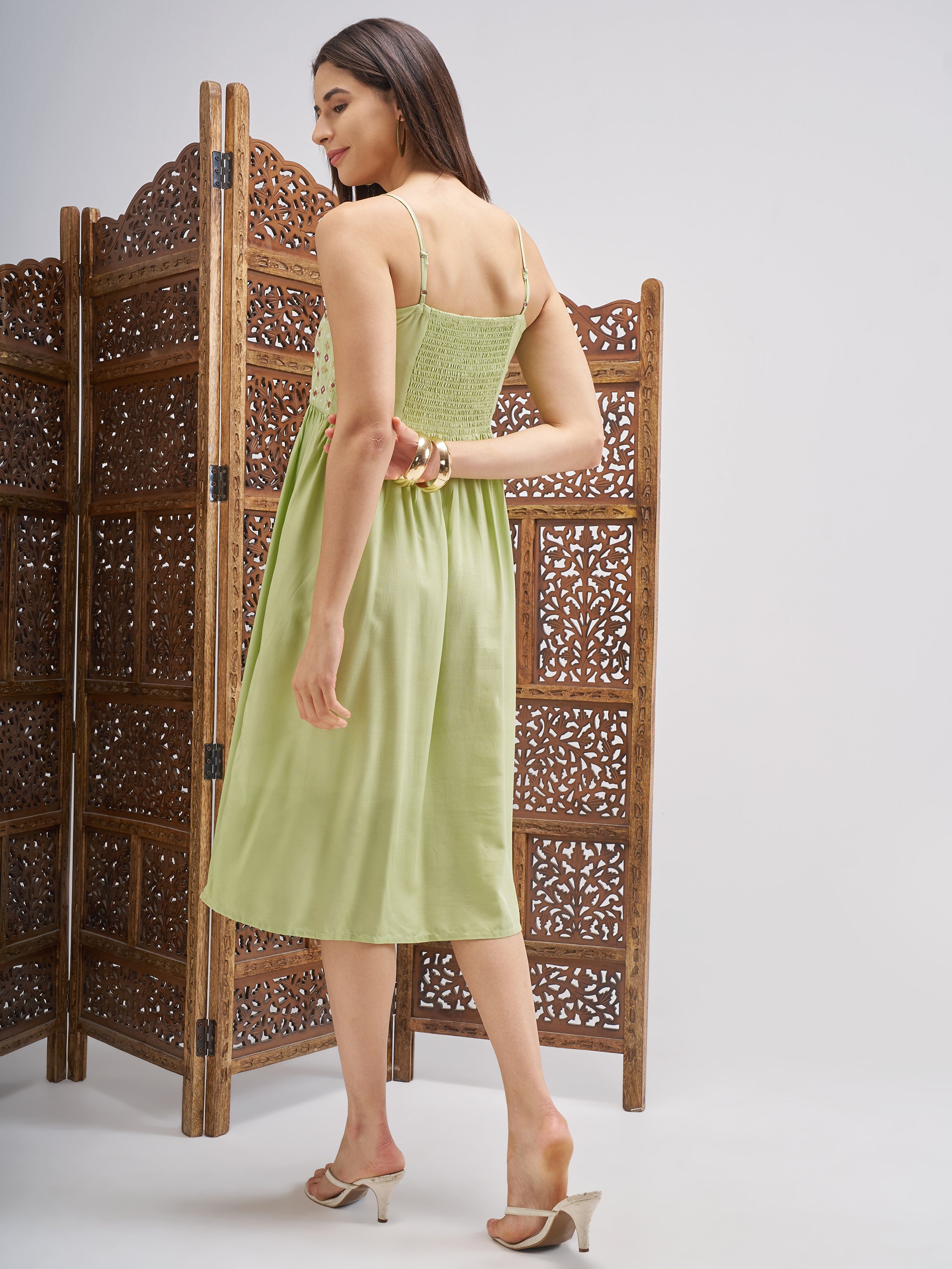Vishudh Women Green Embroidered Fit and Flare Dress - Green - Image 3