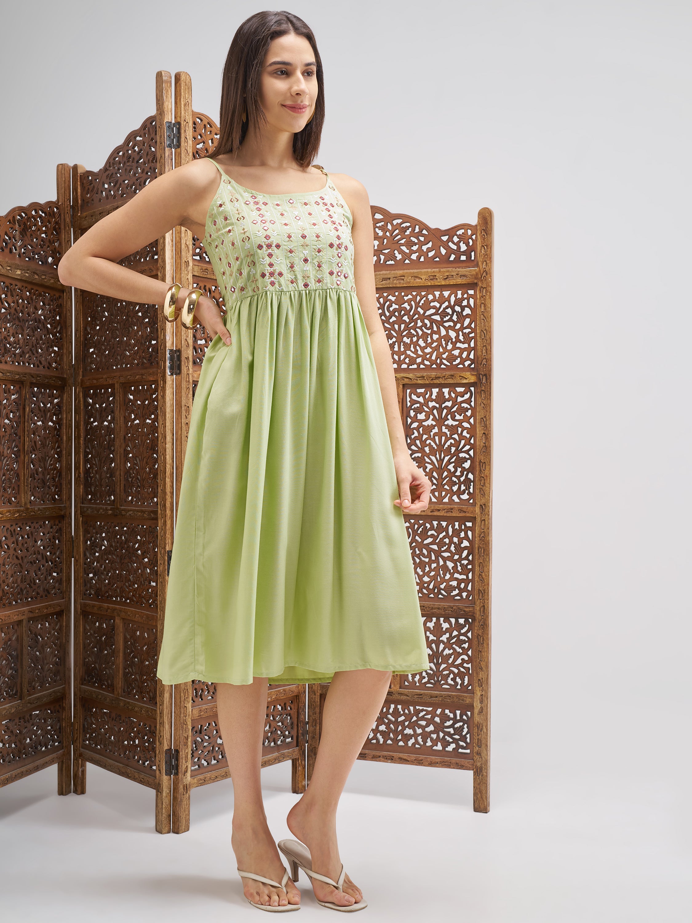 Vishudh Women Green Embroidered Fit and Flare Dress - Green - Image 4