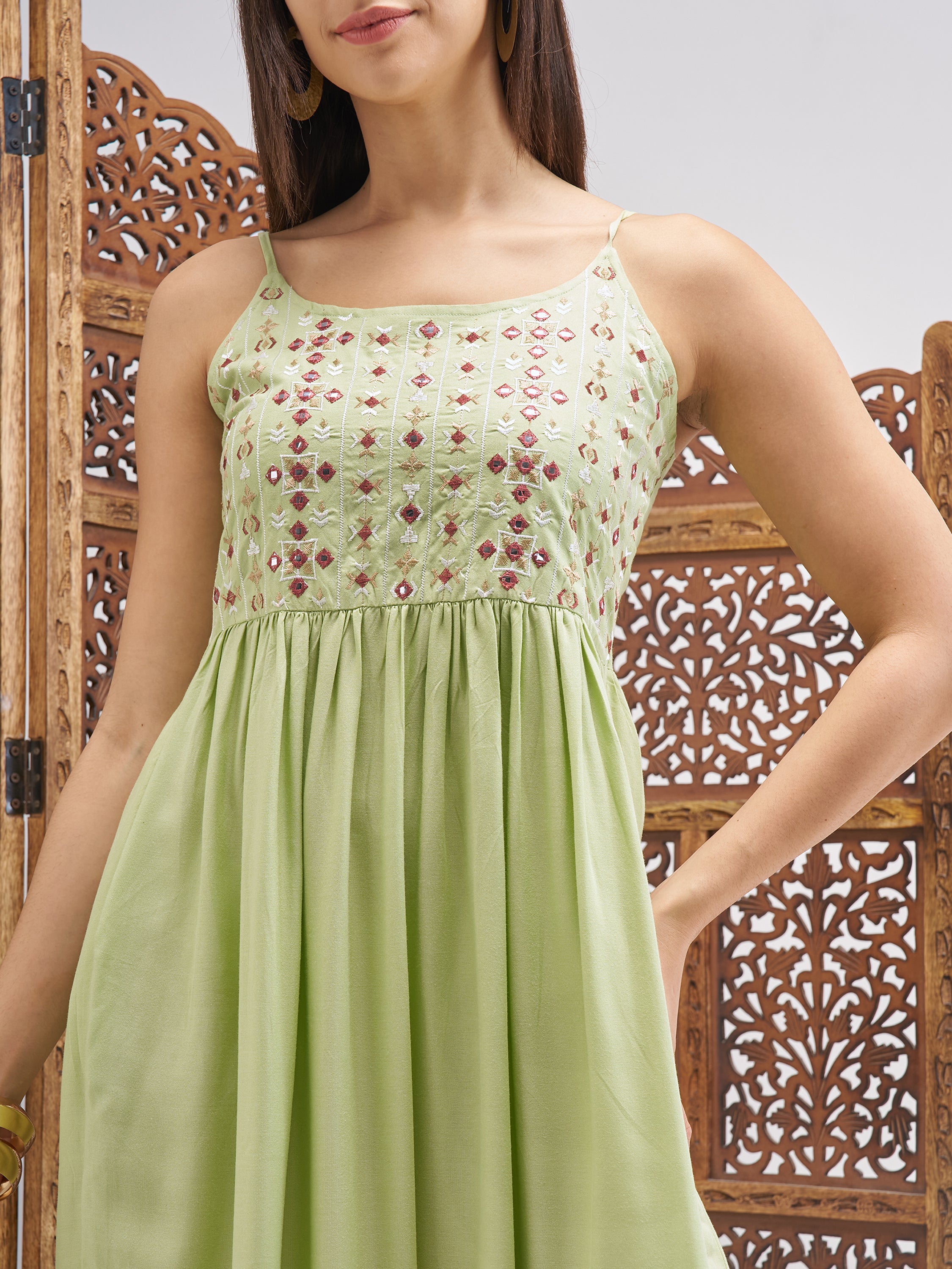 Vishudh Women Green Embroidered Fit and Flare Dress - Green - Image 5