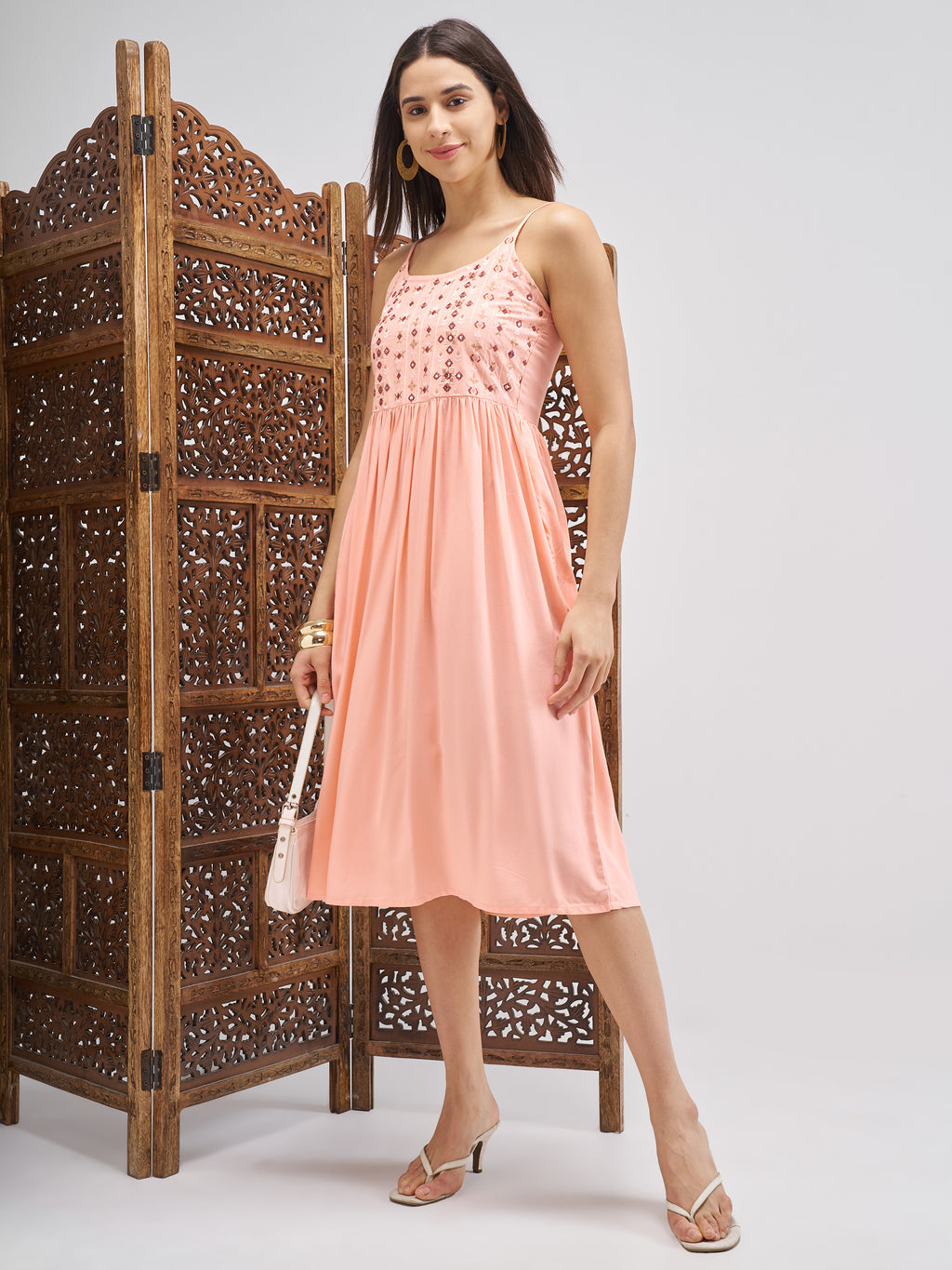 Vishudh Women Peach Embroidered Fit and Flare Dress - Peach - Image 2