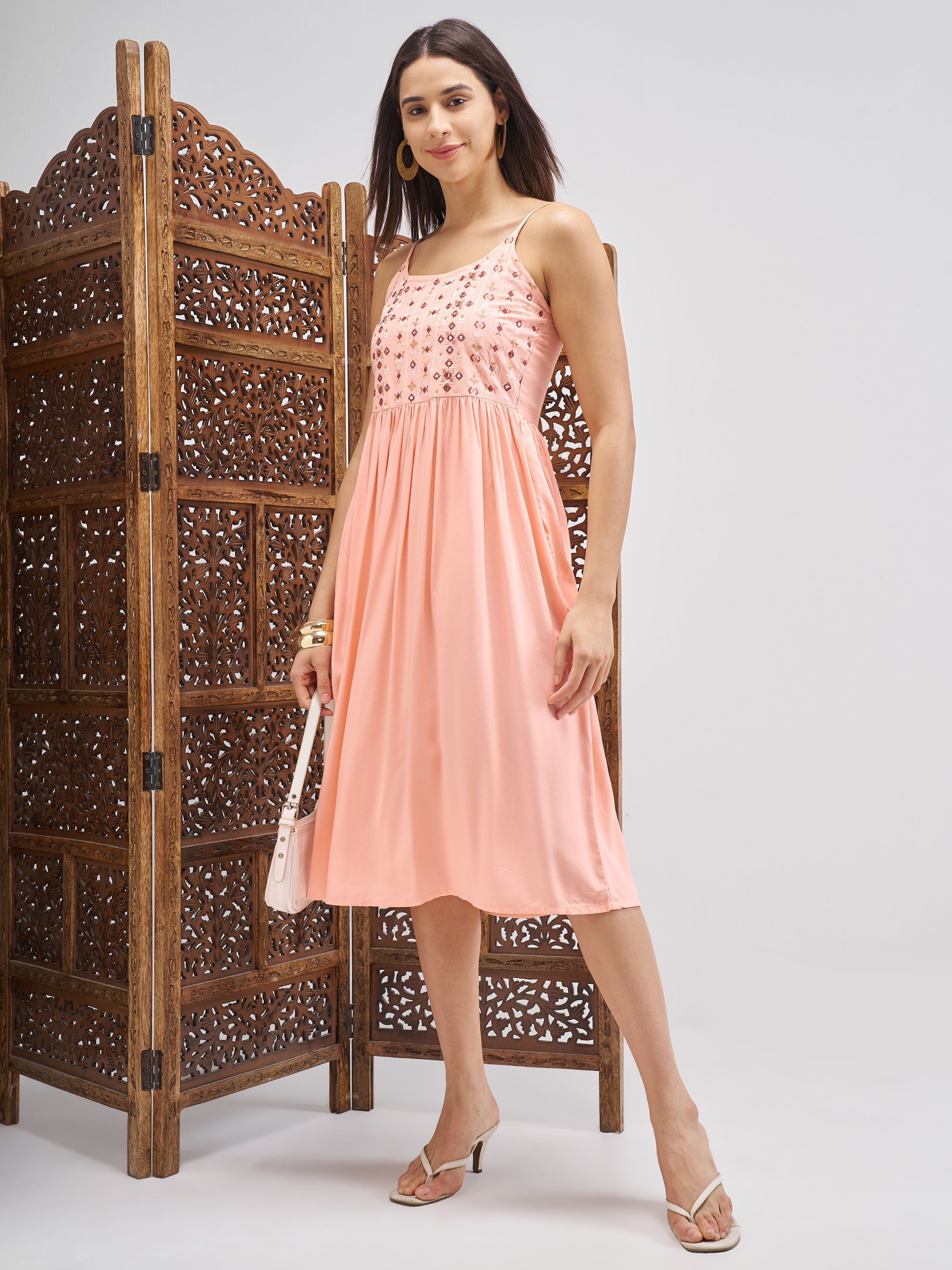 Vishudh Women Peach Embroidered Fit and Flare Dress - Peach - Image 2