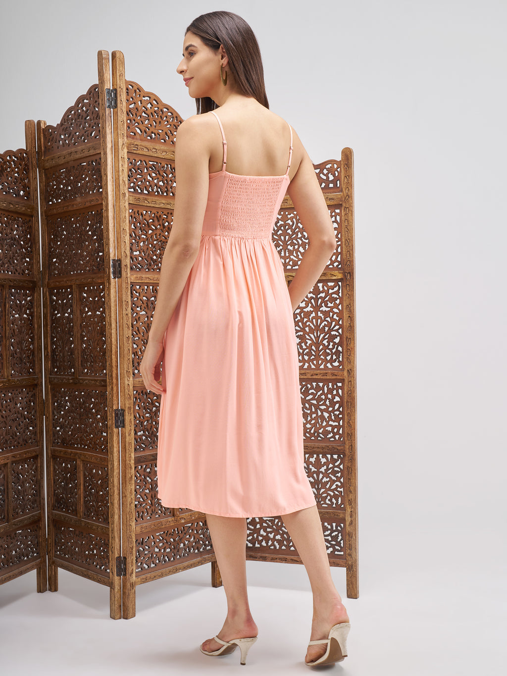 Vishudh Women Peach Embroidered Fit and Flare Dress - Peach - Image 3