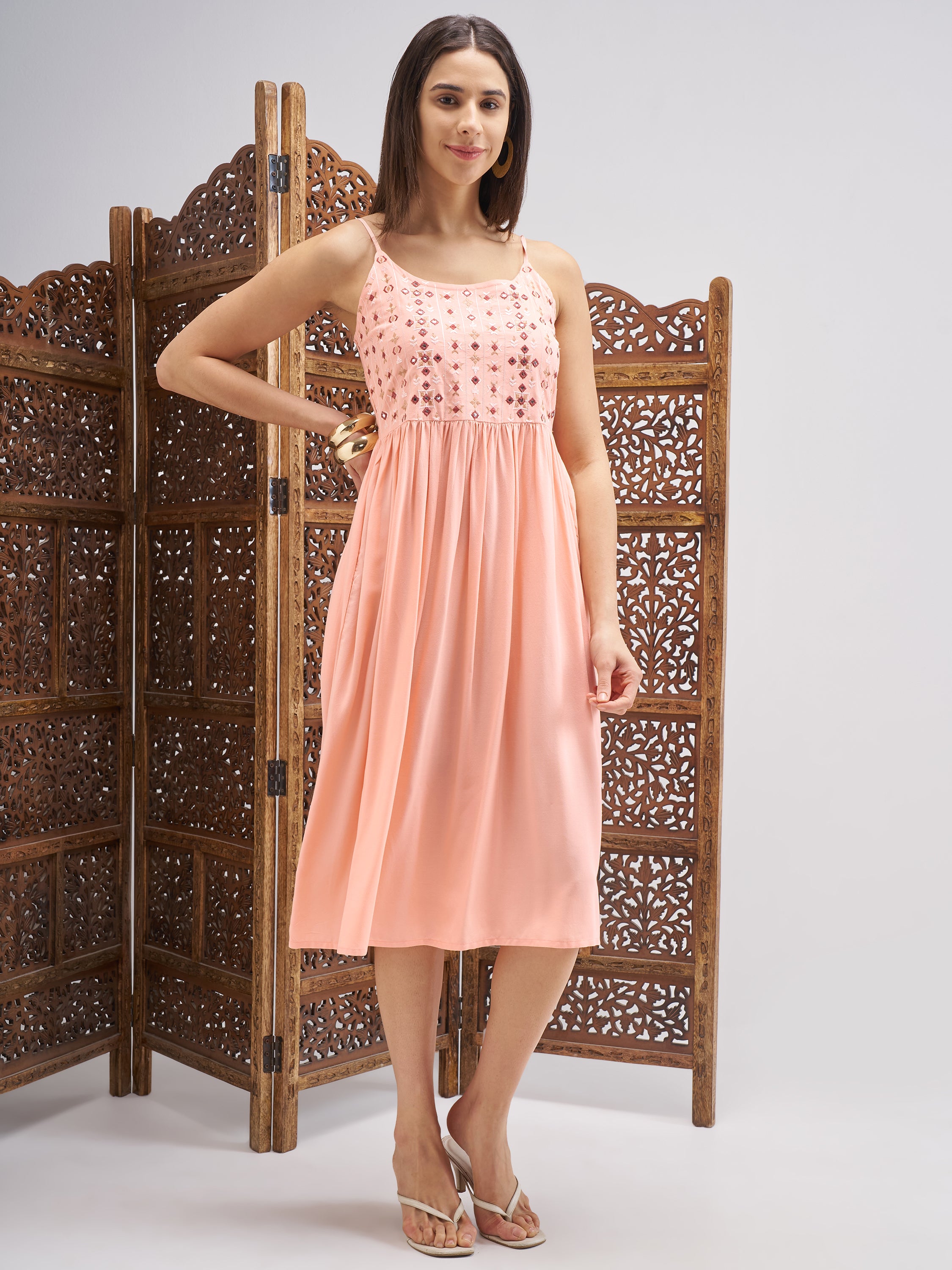 Vishudh Women Peach Embroidered Fit and Flare Dress - Peach - Image 4