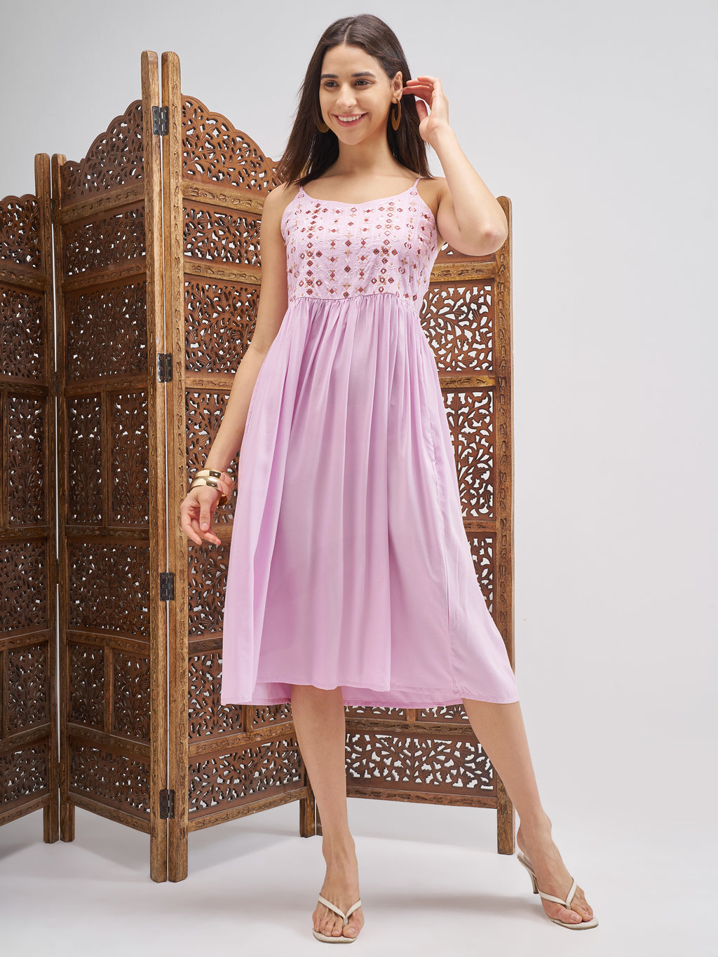 Vishudh Women Lilac Embroidered Fit and Flare Dress - Lilac - Image 1