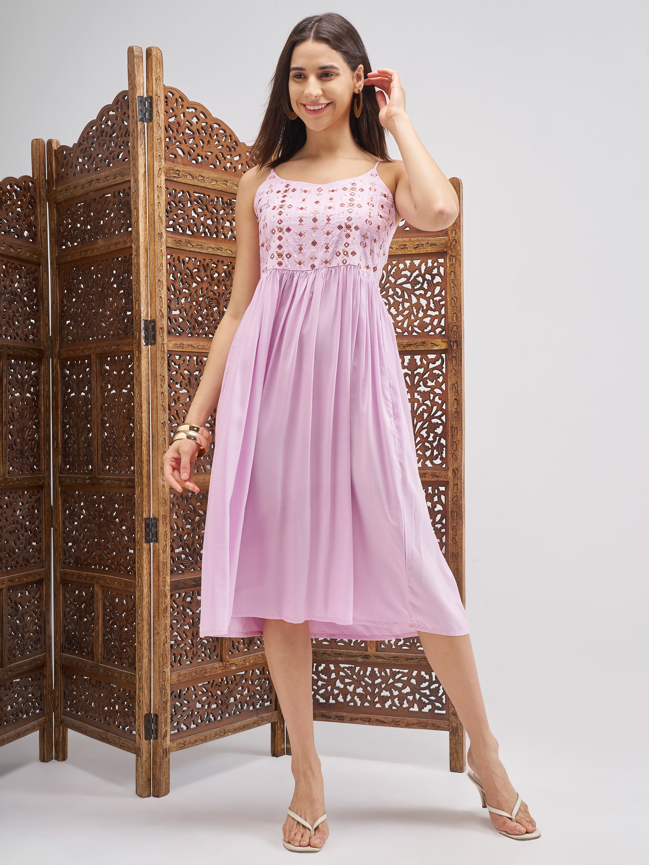 Vishudh Women Lilac Embroidered Fit and Flare Dress - Lilac - Image 1